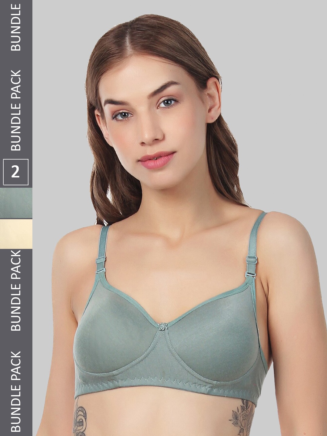 

FUNAHME Pack Of 2 Lightly Padded Full Coverage All Day Comfort Seamless T-Shirt Bra, Green