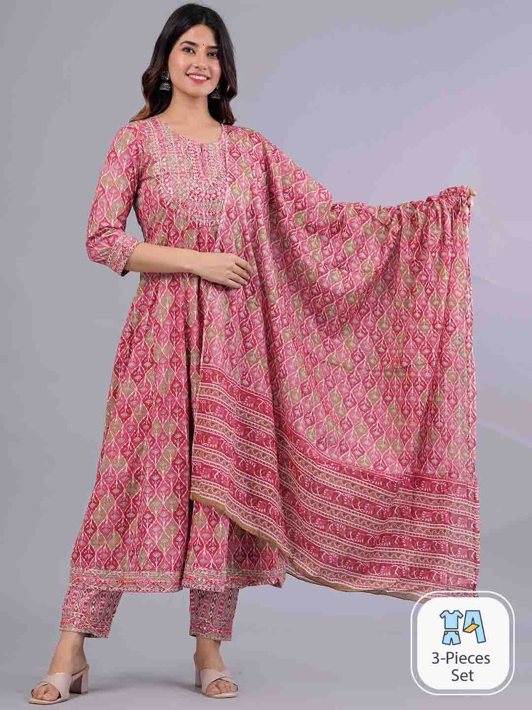 

FASHION DEPTH Floral Printed Thread Work Cotton Anarkali Kurta With Trousers & Dupatta, Peach