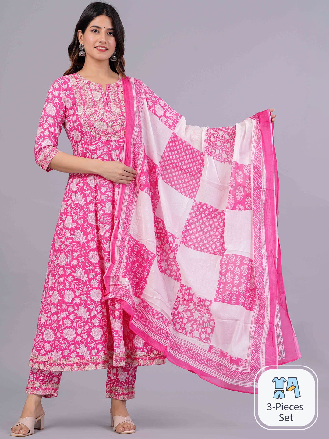 

FASHION DEPTH Floral Printed Thread Work Cotton Anarkali Kurta With Trousers & Dupatta, Pink