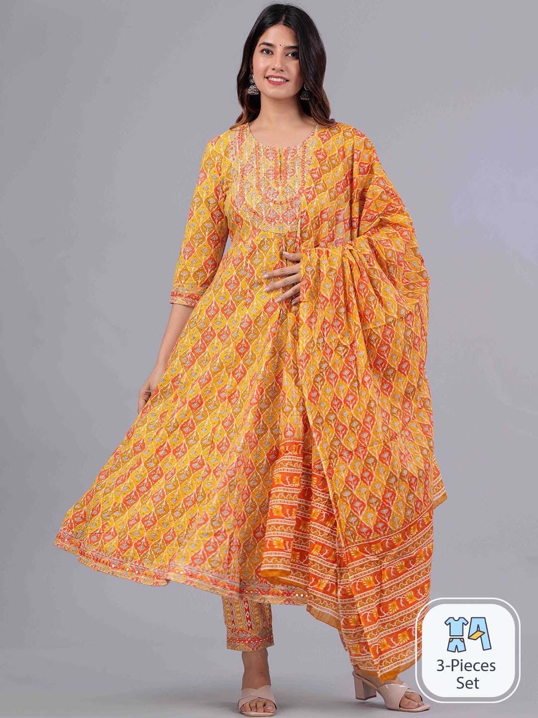 

FASHION DEPTH Ethnic Printed Mirror Work Pure Cotton Kurta with Trousers & Dupatta, Yellow