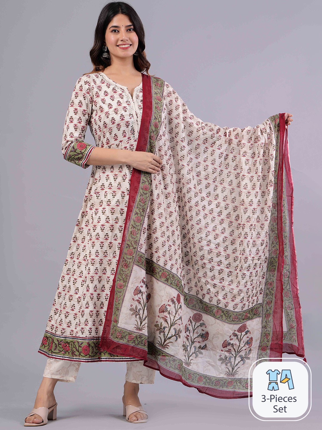 

FASHION DEPTH Ethnic Printed Mirror Work Pure Cotton Kurta with Trousers & Dupatta, Cream