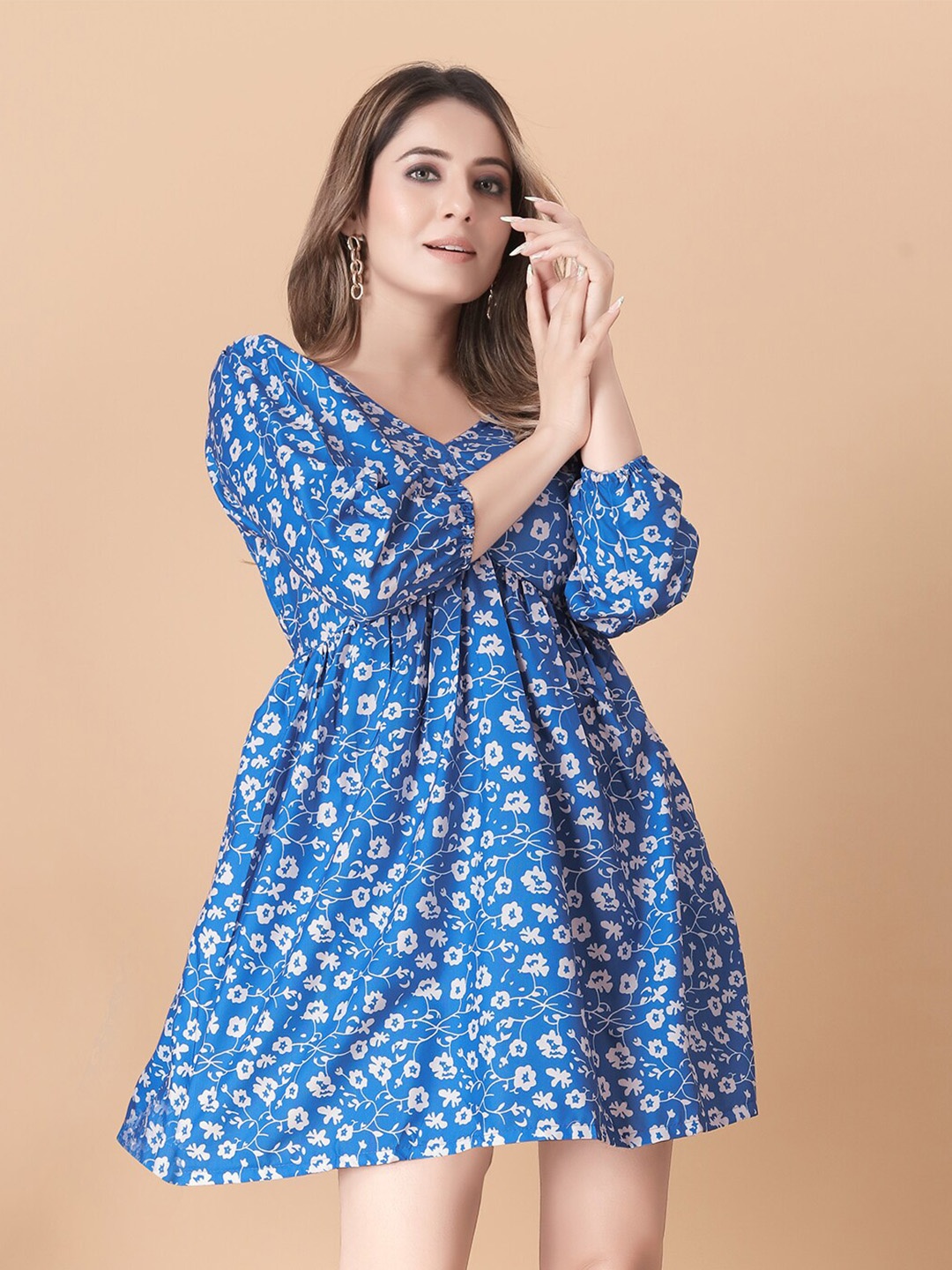 

N N ENTERPRISE Floral Printed Puffed Sleeves Empire Mini Dress, Blue