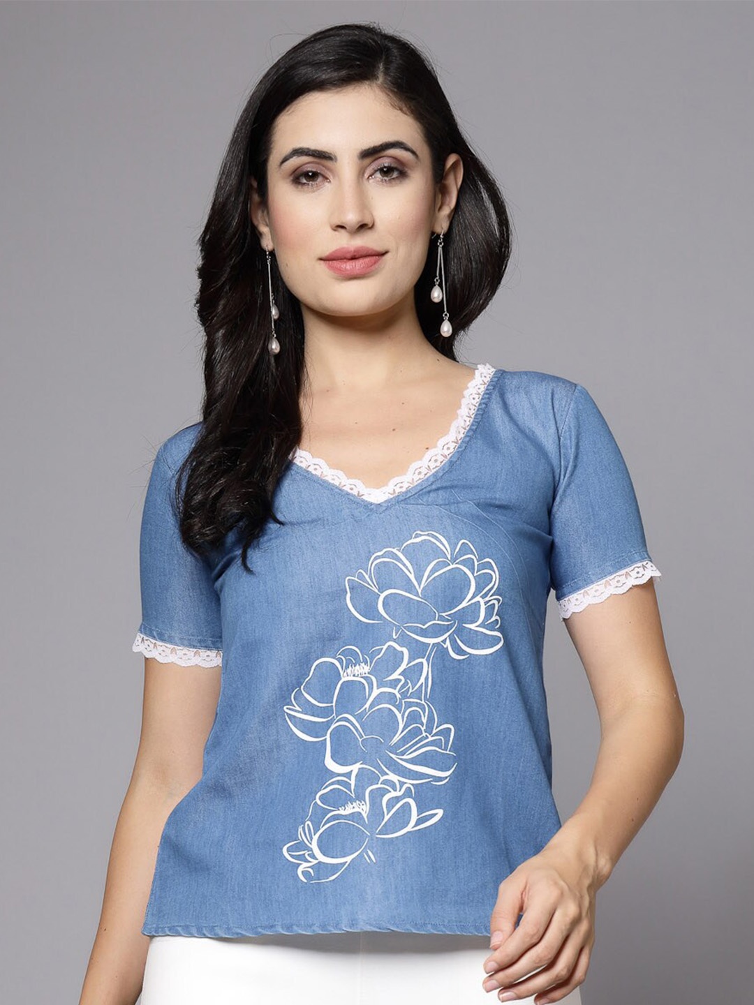 

Wool Trees Floral Printed V-Neck Top, Blue