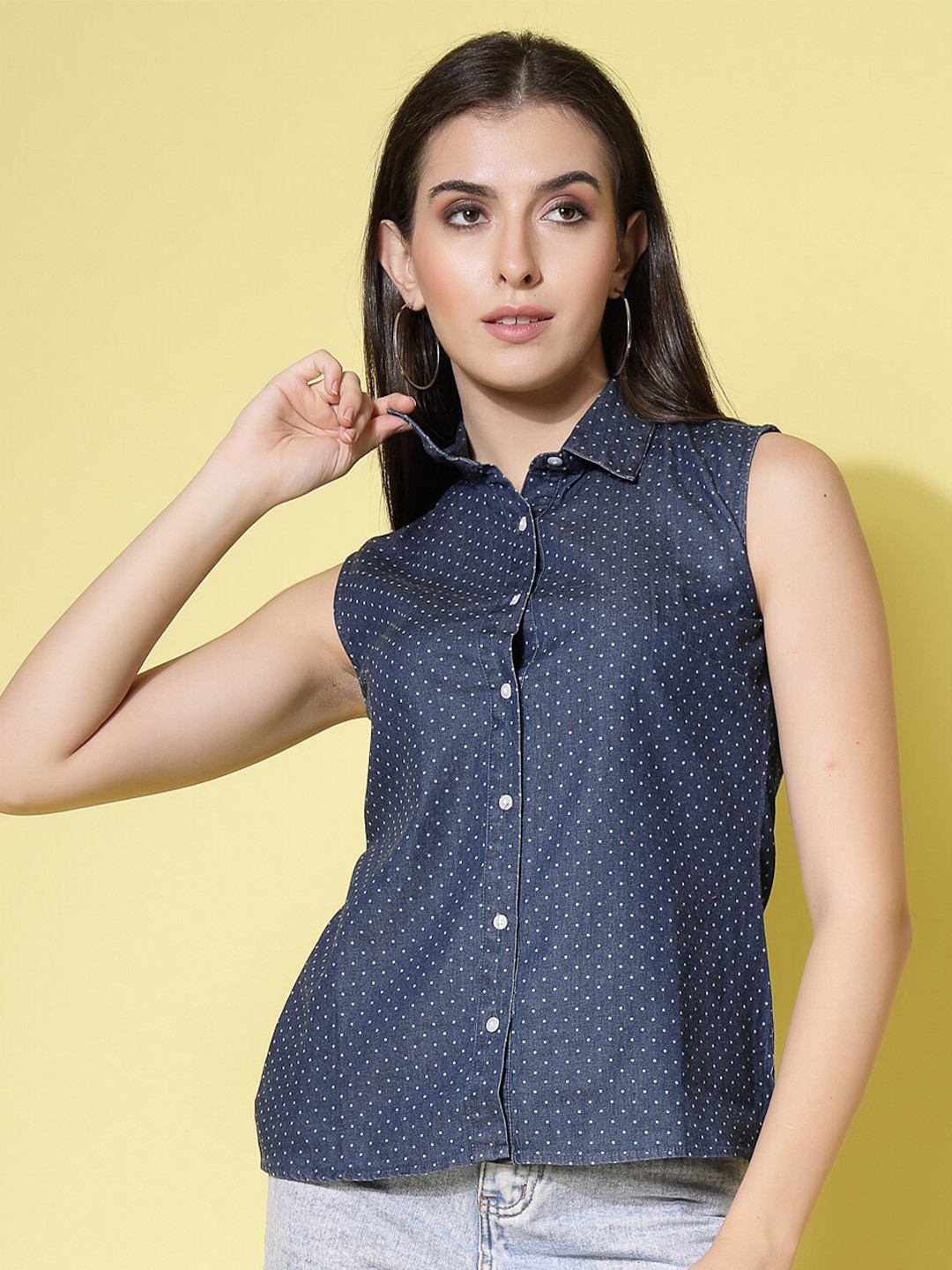 

Wool Trees Polka Dots Printed Denim Casual Shirt, Navy blue
