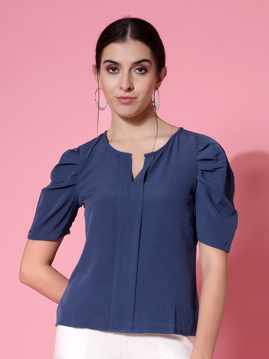 

Wool Trees Notched Neck Puff Sleeves Top, Navy blue