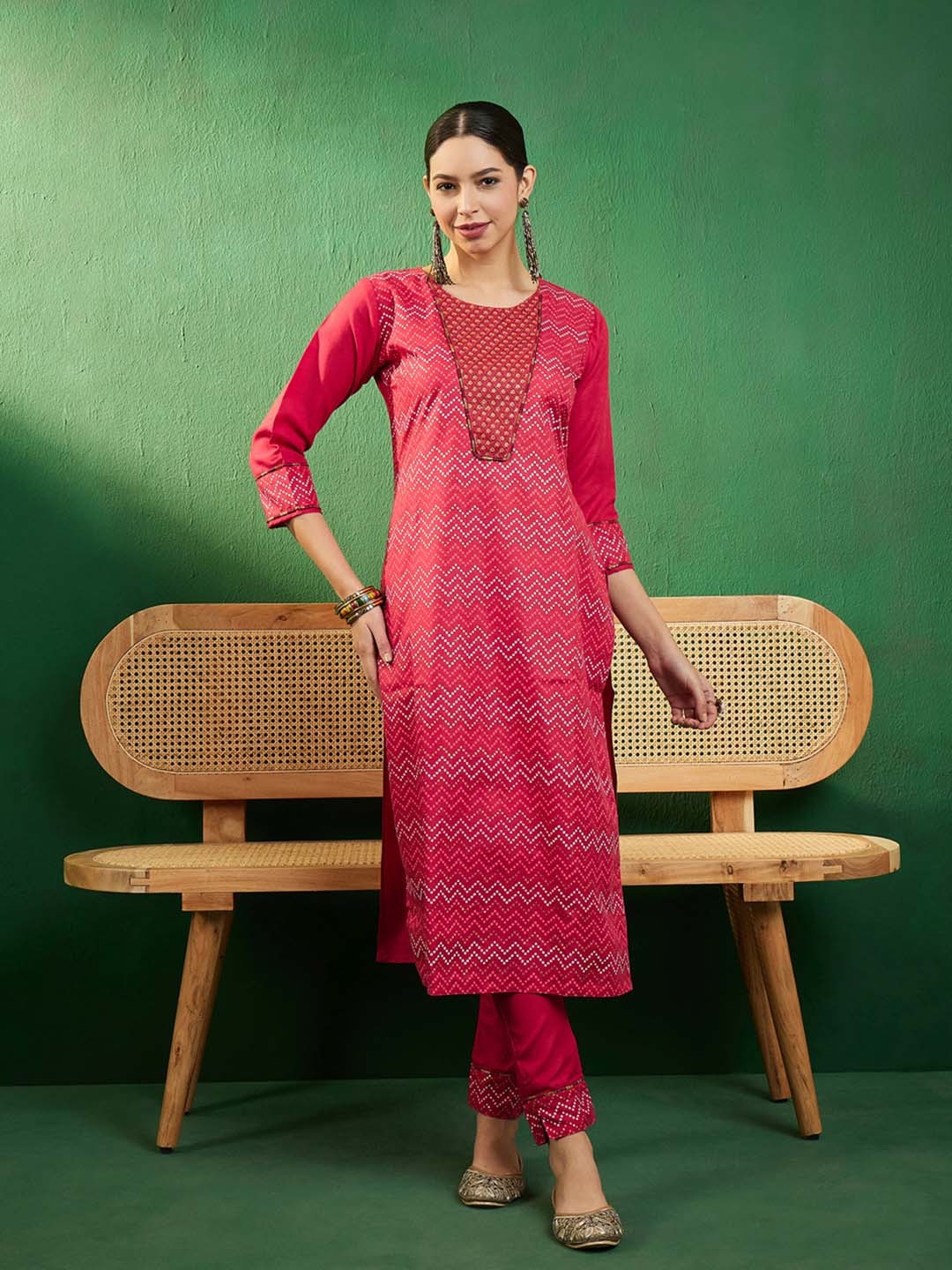 

Sangria Maroon Chevron Printed Thread Work Detailed Pure Silk Straight Kurta With Trousers