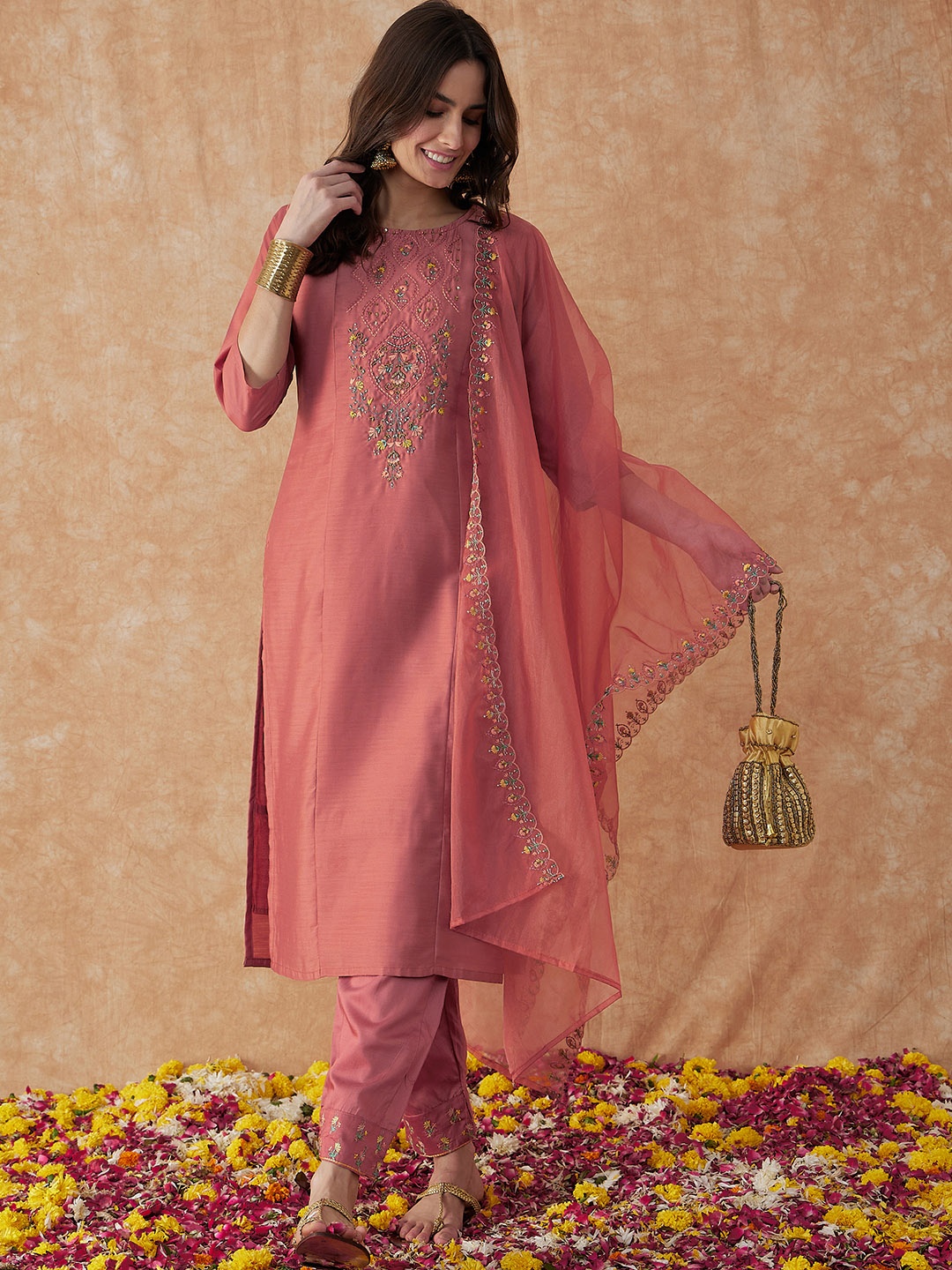 

Sangria Floral Yoke Design Beads and Stones Silk Straight Kurta & Trouser With Dupatta, Pink