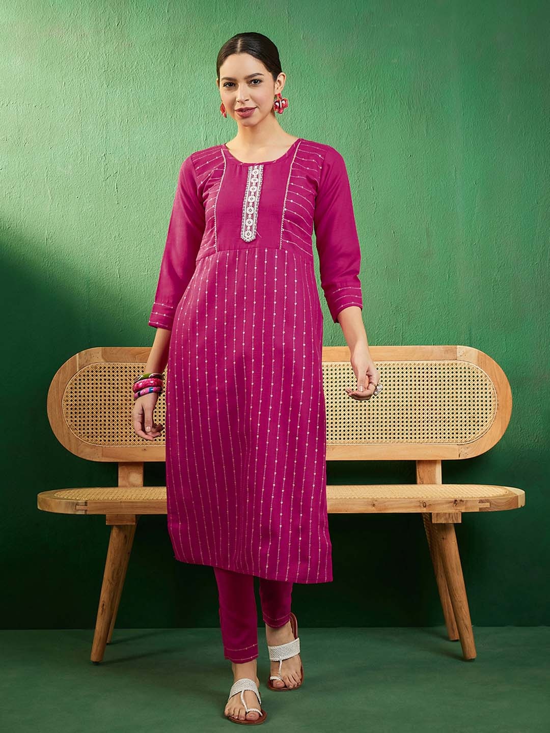 

Sangria Embroidered Straight Kurta With Trouser Set, Pink