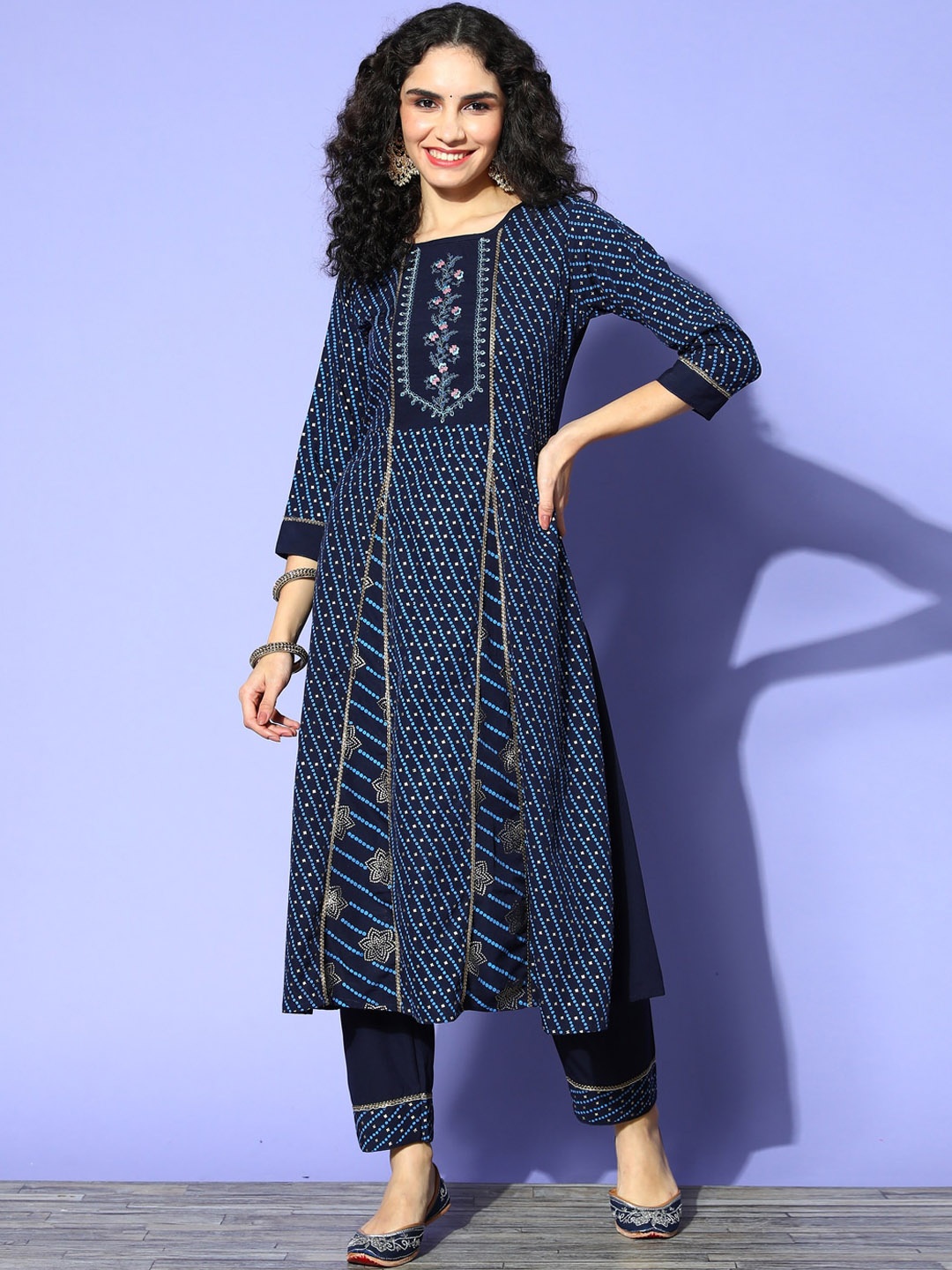 

Sangria Foil Printed & Embroidered Anarkali Kurta With Trouser Set, Navy blue