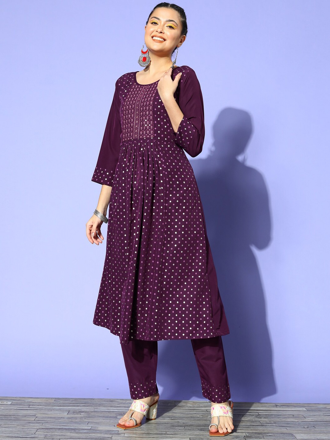

Sangria Purple Floral Embroidered Thread Work Anarkali Kurta With Trouser
