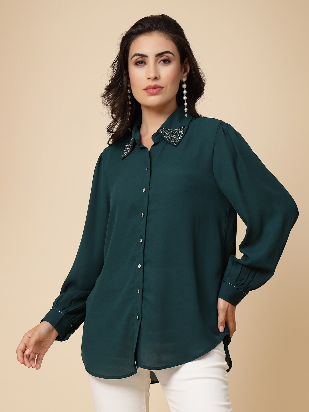 

Gipsy Embellished Spread Collar Casual Shirt, Green