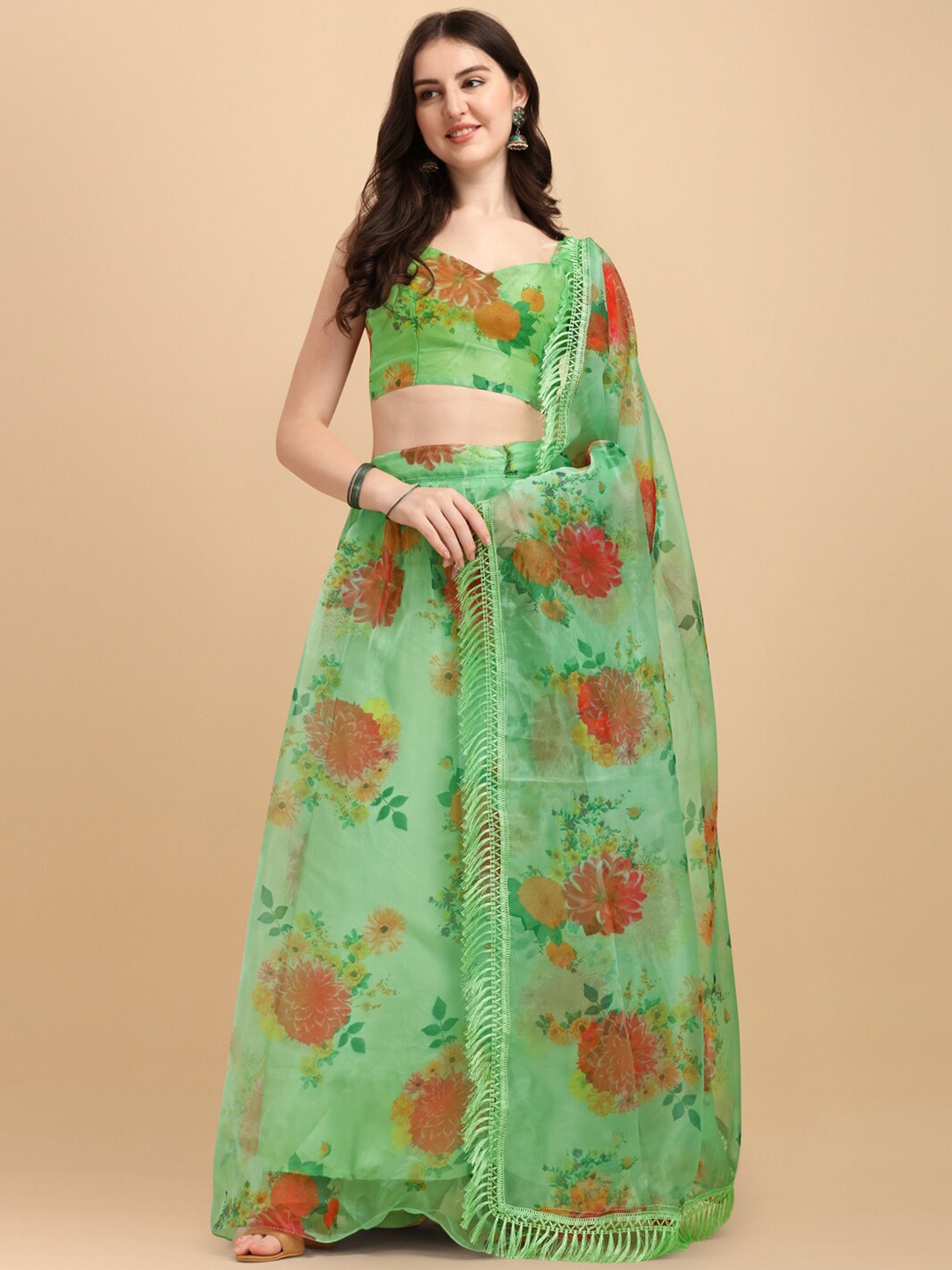 

KALINI Floral Printed Satin Semi-Stitched Lehenga & Unstitched Blouse With Dupatta, Green