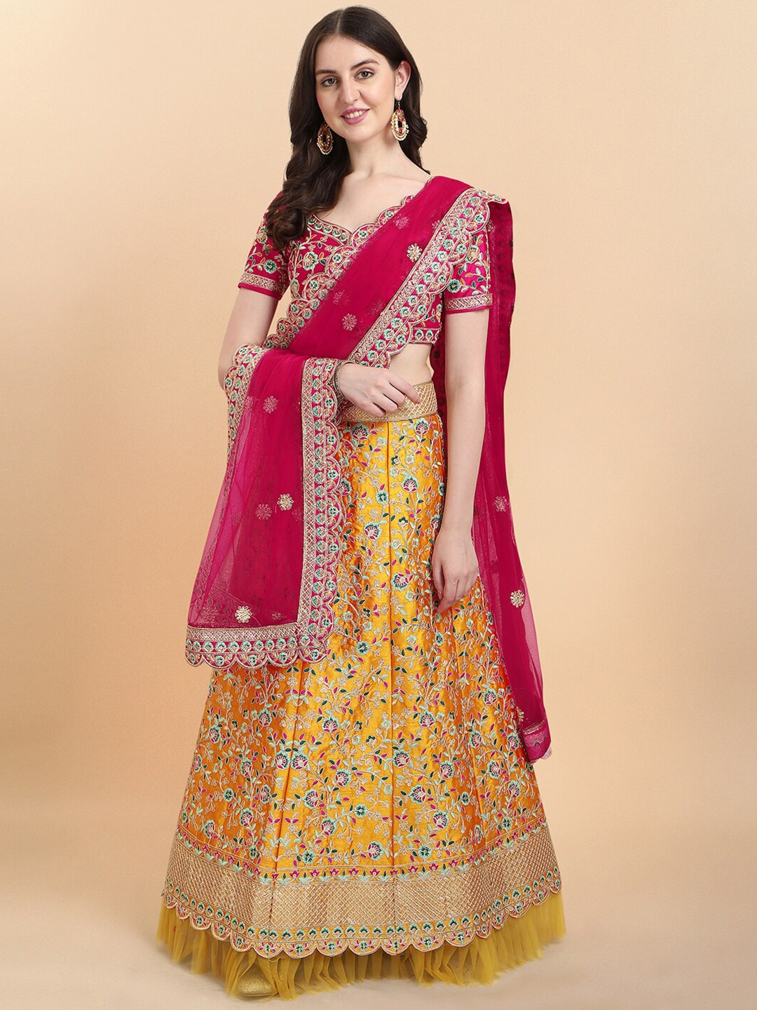 

KALINI Embroidered Thread Work Semi-Stitched Lehenga & Unstitched Blouse With Dupatta, Yellow