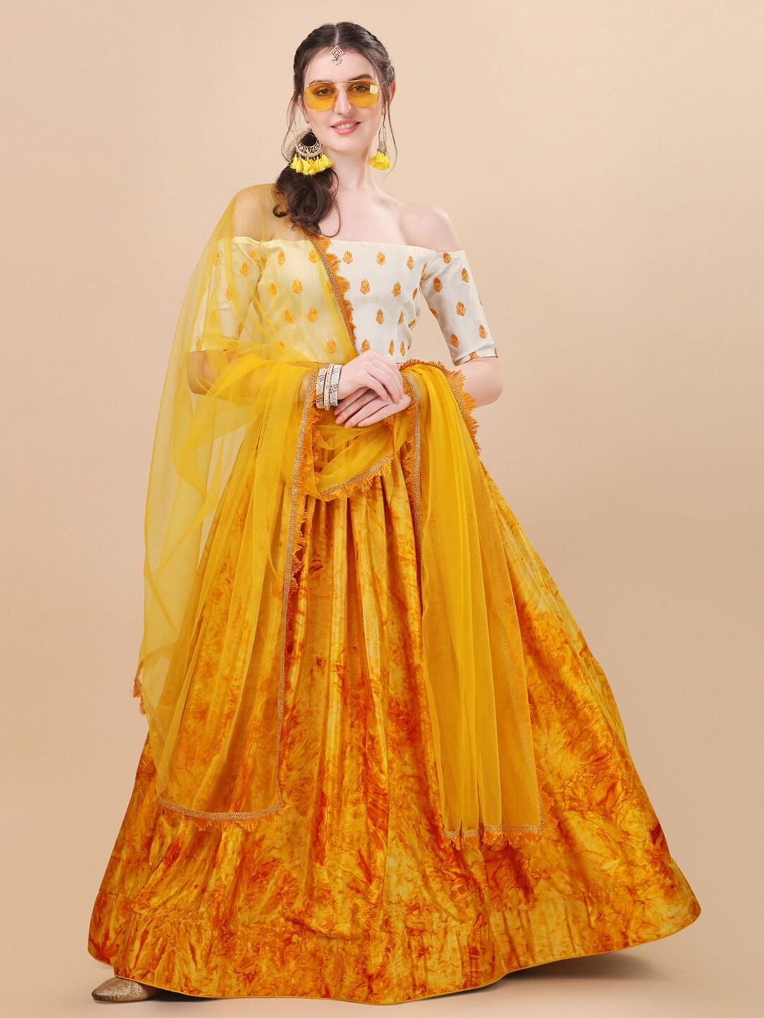 

KALINI Ethnic Motifs Embroidered Organza Semi-Stitched Lehenga & Blouse With Dupatta, Yellow
