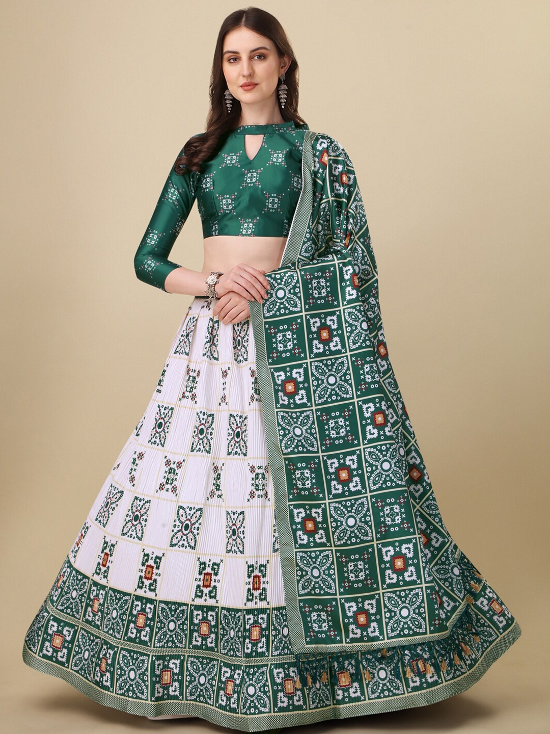 

KALINI Printed Beads and Stones Semi-Stitched Lehenga & Unstitched Blouse With Dupatta, Green