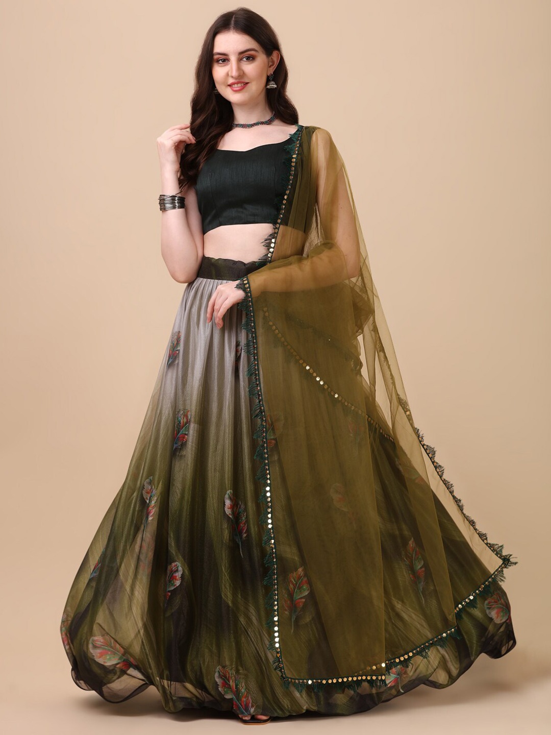 

KALINI Sequinned Semi-Stitched Lehenga Choli With Dupatta, Green