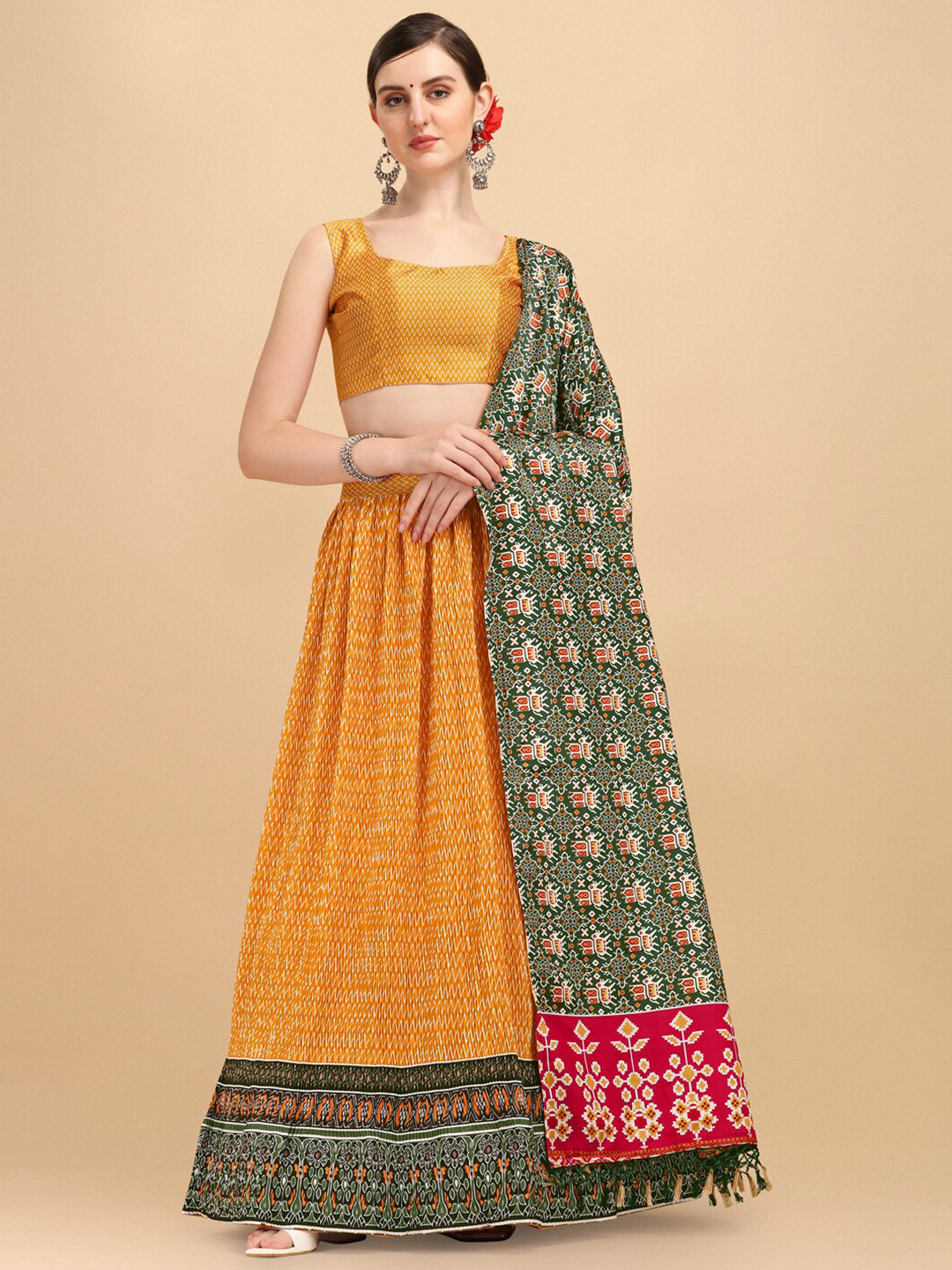 

KALINI Chevron Printed Semi-Stitched Lehenga & Unstitched Blouse With Dupatta, Orange