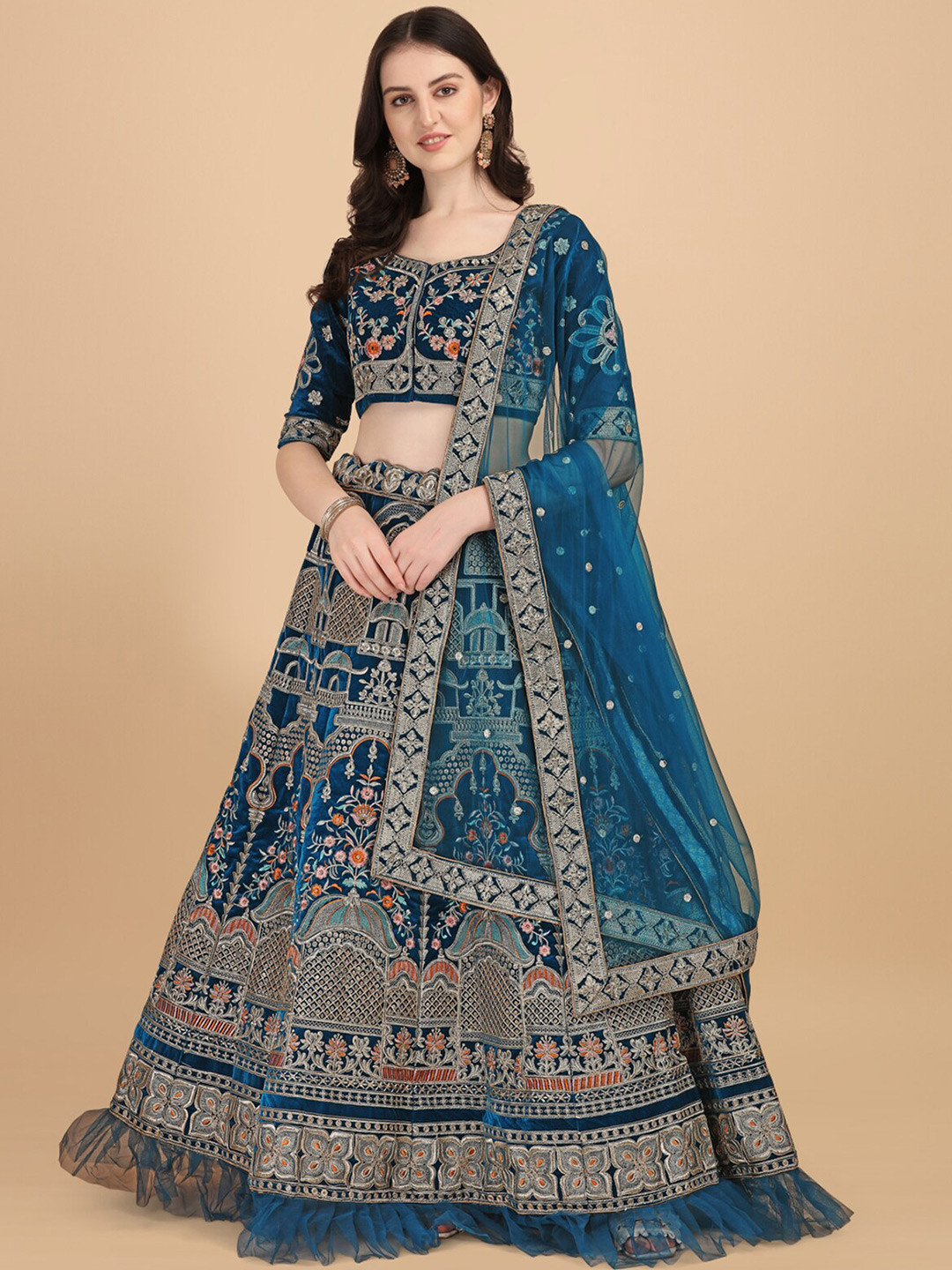 

KALINI Embroidered Thread Work Semi-Stitched Lehenga & Unstitched Blouse With Dupatta, Blue