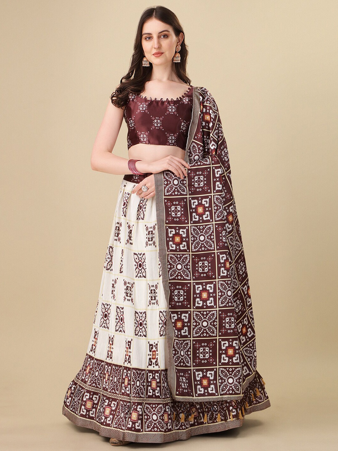 

KALINI Printed Semi-Stitched Lehenga & Unstitched Blouse With Dupatta, Brown