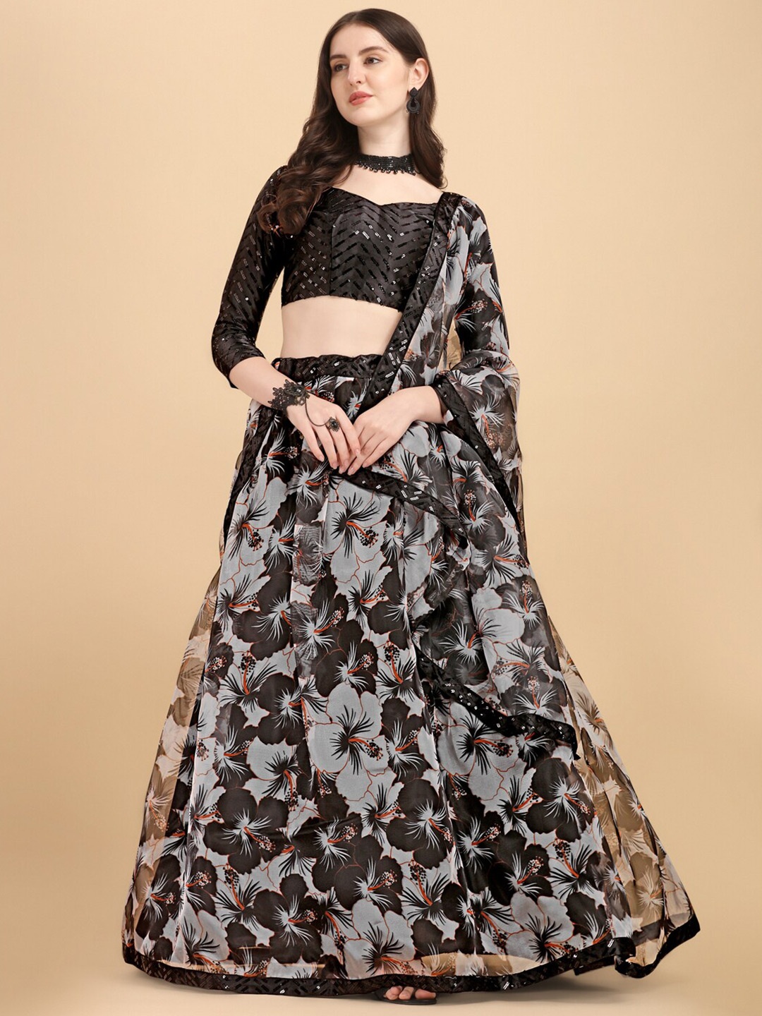 

KALINI Floral Printed Sequined Semi-Stitched Lehenga & Unstitched Blouse With Dupatta, Black