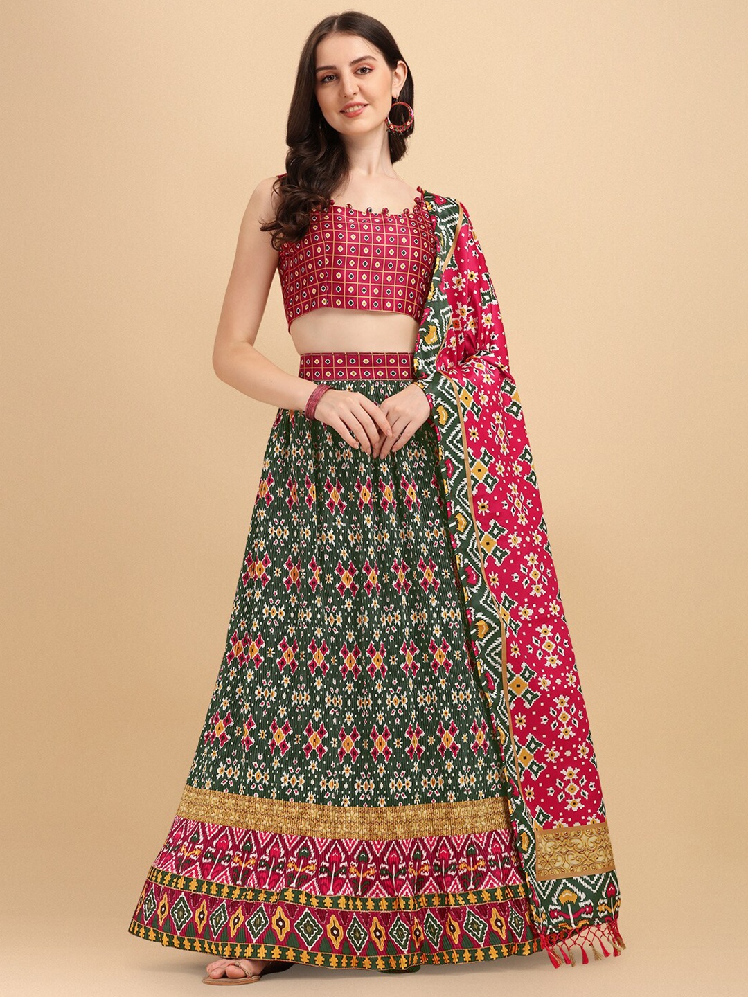 

KALINI Printed Semi-Stitched Lehenga & Unstitched Blouse With Dupatta, Green