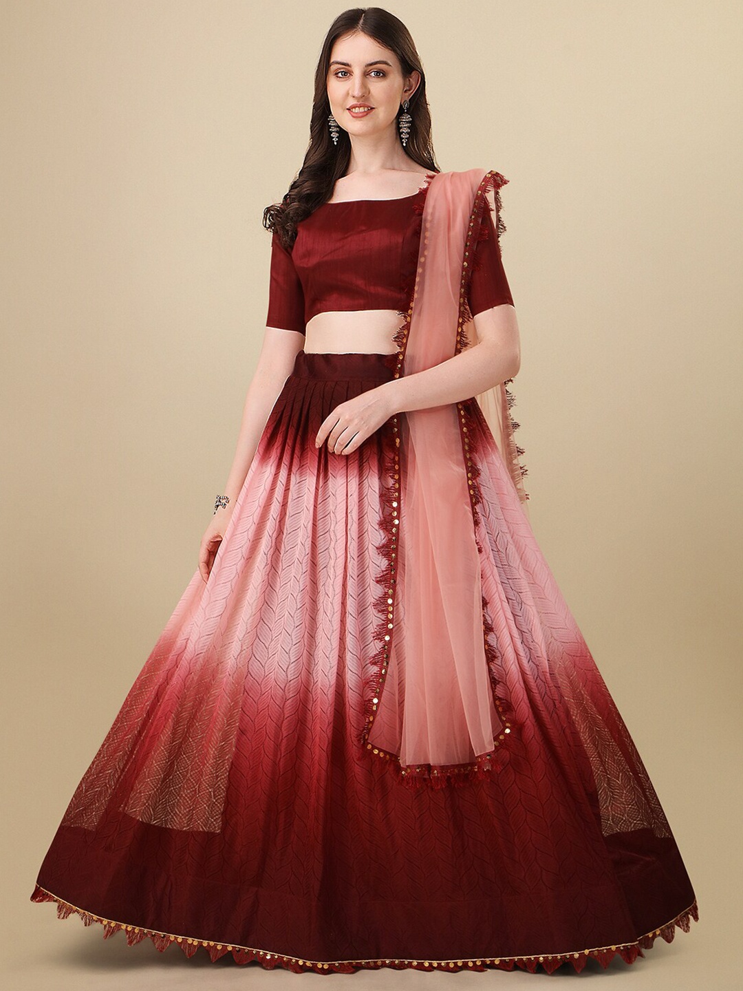 

KALINI Embroidered Sequinned Semi-Stitched Lehenga & Unstitched Blouse With Dupatta, Maroon