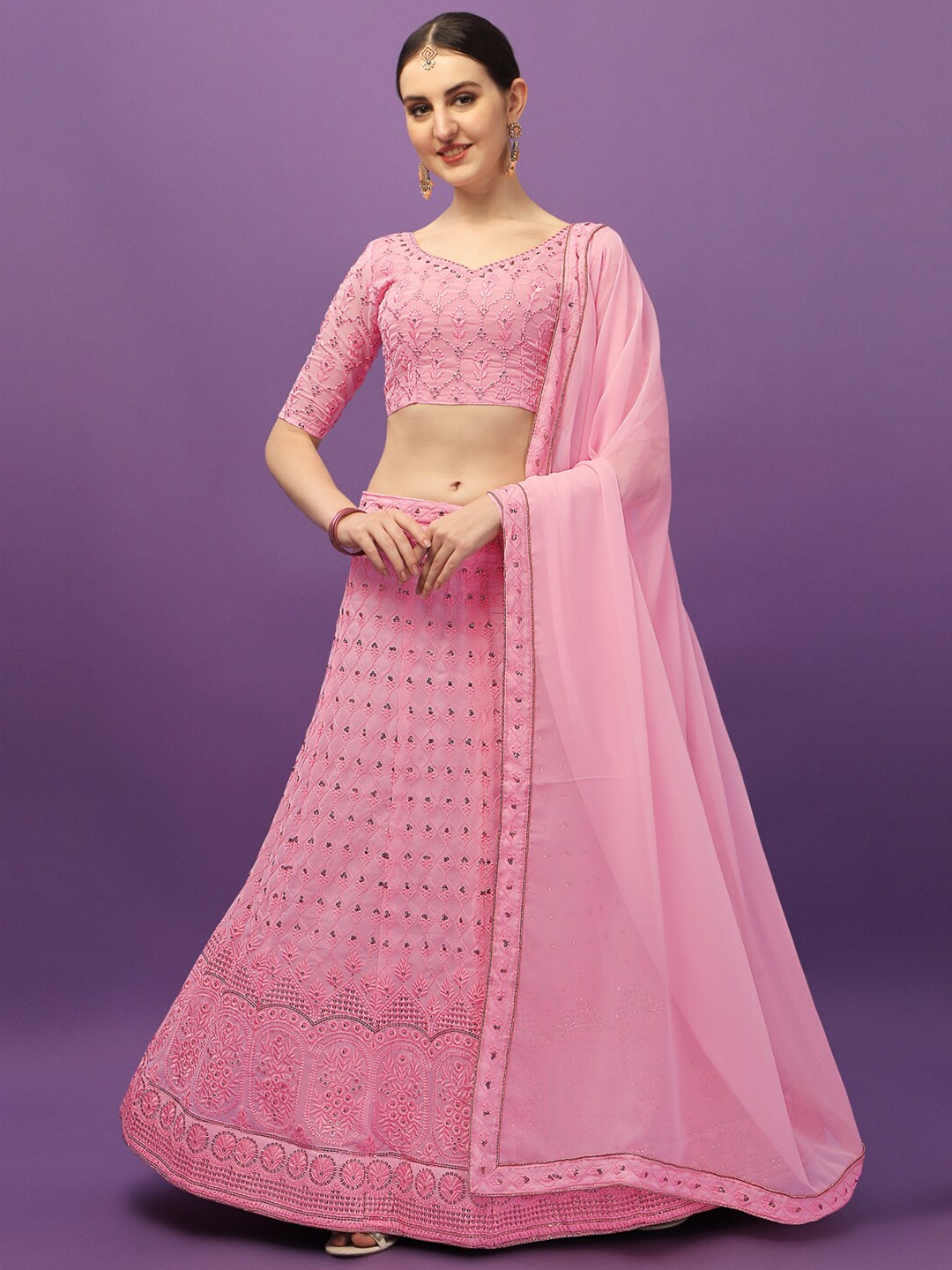 

KALINI Embroidered Sequinned Semi Stitched Lehenga & Unstitched Blouse With Dupatta, Pink