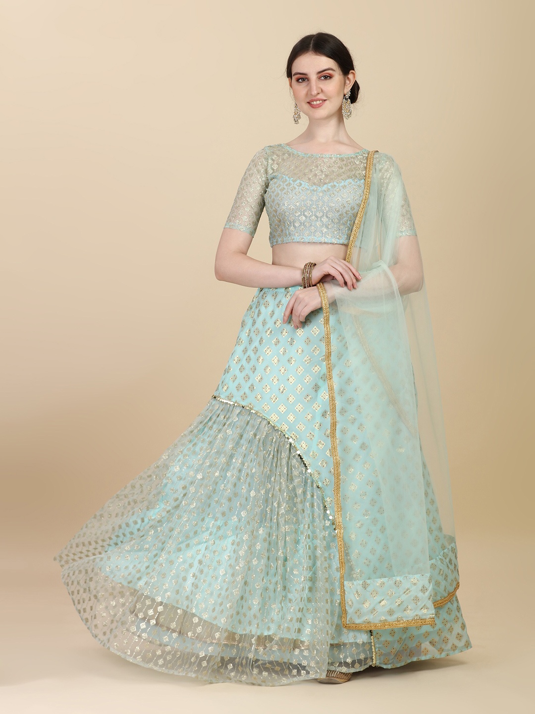 

KALINI Embroidered Sequinned Semi-Stitched Lehenga & Unstitched Blouse With Dupatta, Turquoise blue