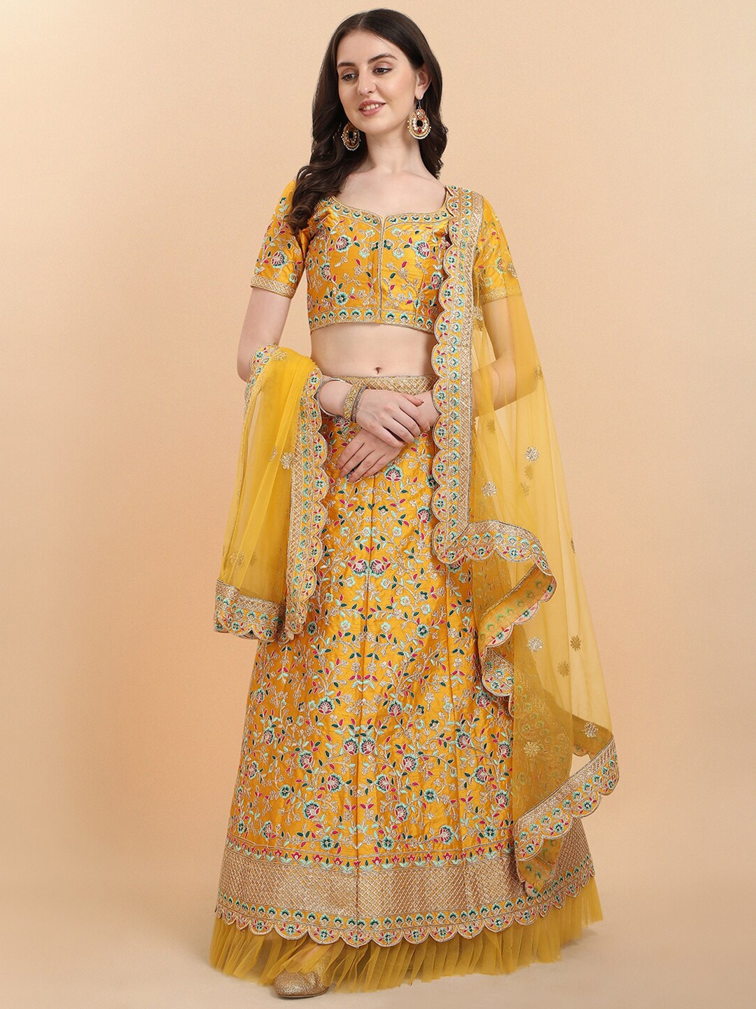 

KALINI Embroidered Thread Work Semi-Stitched Lehenga & Unstitched Blouse With Dupatta, Yellow