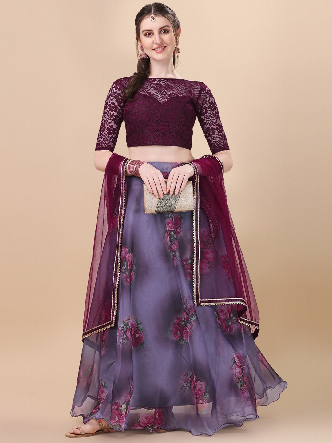 

KALINI Ready to Wear Lehenga & Unstitched Blouse With Dupatta, Purple
