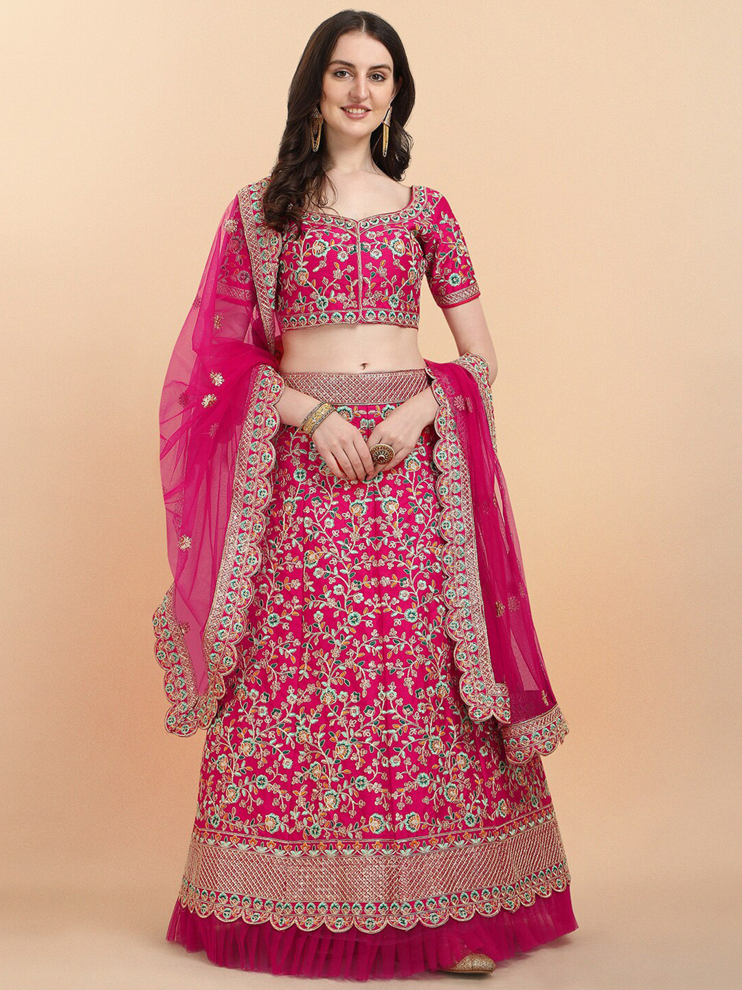 

KALINI Embroidered Thread Work Semi-Stitched Lehenga & Unstitched Blouse With Dupatta, Pink