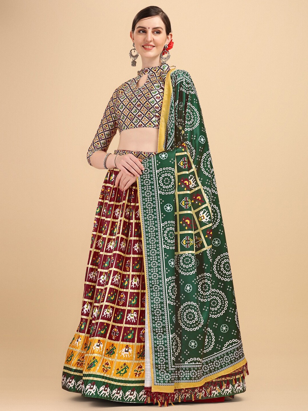 

KALINI Printed Semi-Stitched Lehenga & Unstitched Blouse With Dupatta, Maroon