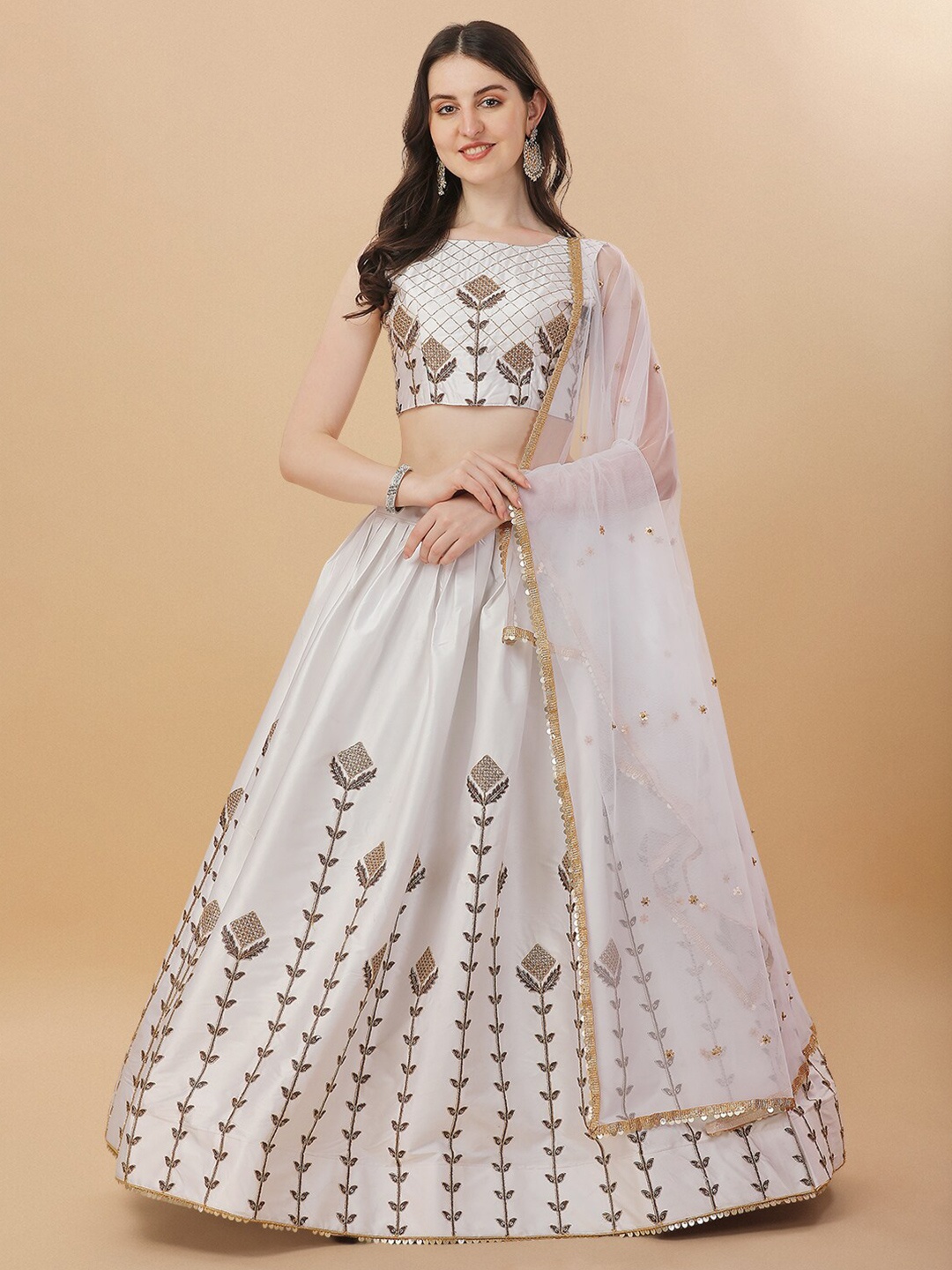 

KALINI Embroidered Semi-Stitched Lehenga & Unstitched Blouse With Dupatta, White