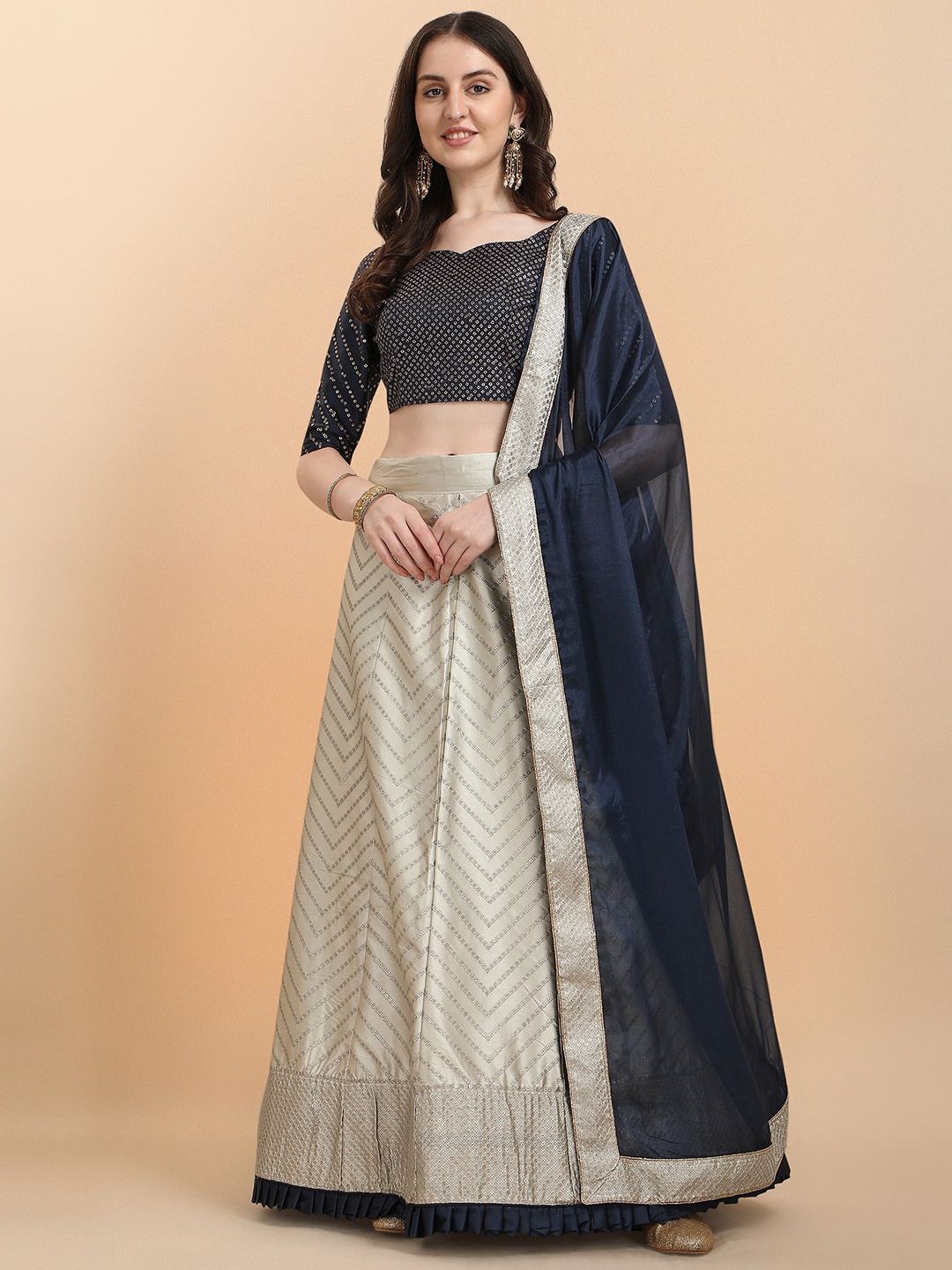 

KALINI Embroidered Thread Work Semi-Stitched Lehenga & Unstitched Blouse With Dupatta, Cream