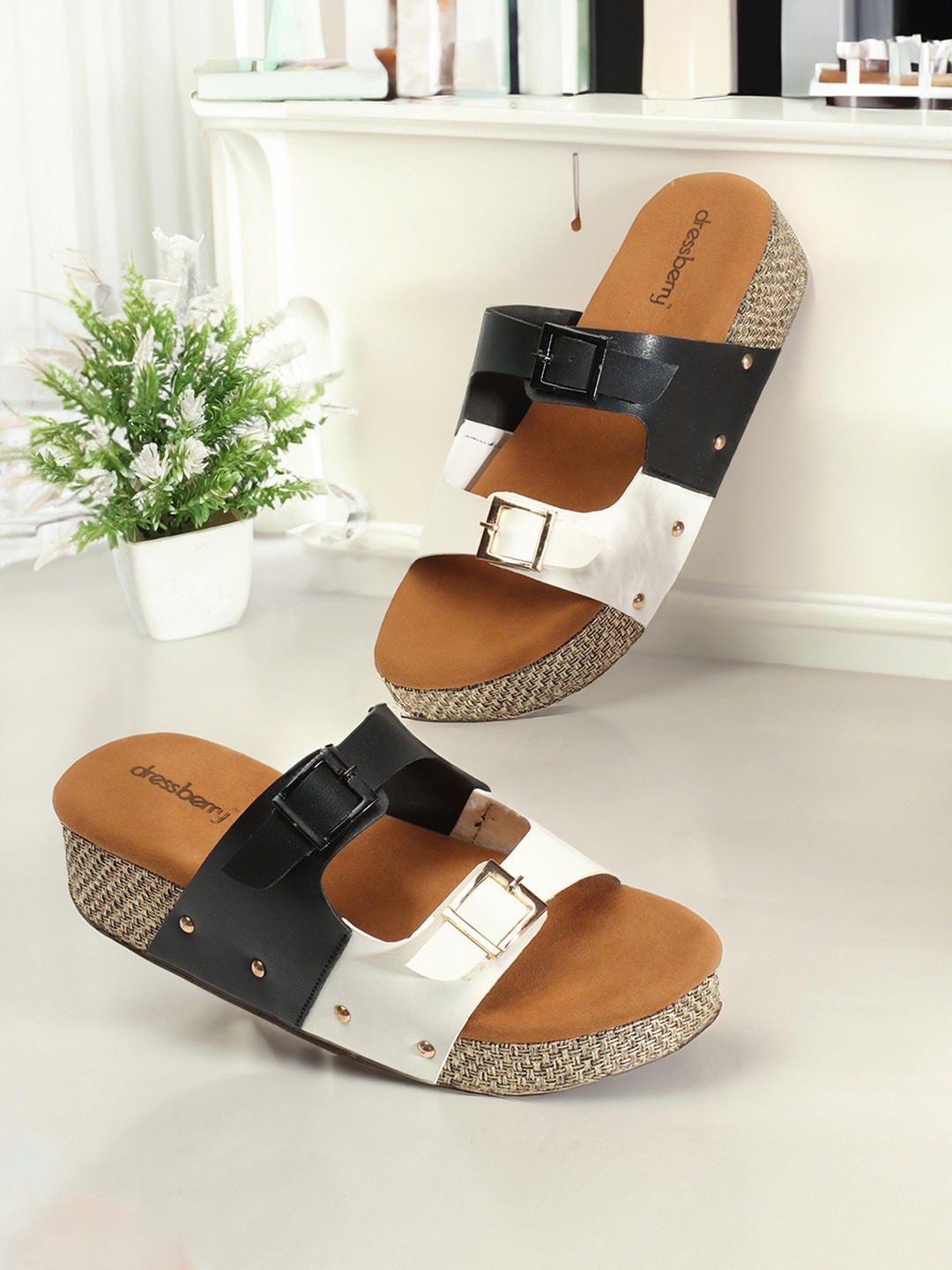 

DressBerry Black & White Colourblocked Double Open Toe Flatform Heels With Buckles