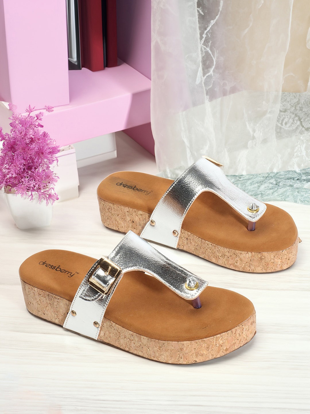 

DressBerry Silver-Toned T- Strap Flatform Heels With Buckles