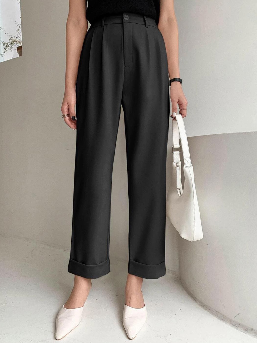 

Kotty Women Relaxed Straight Leg Fit High-Rise Easy Wash Pleated Parallel Trousers, Black