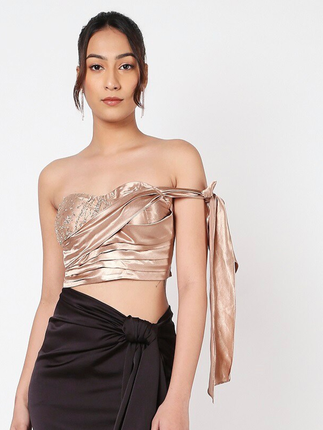 

LIYOKKI Embellished Strapless Corset Tie-Ups Detail Satin Crop Styled Back Top, Brown