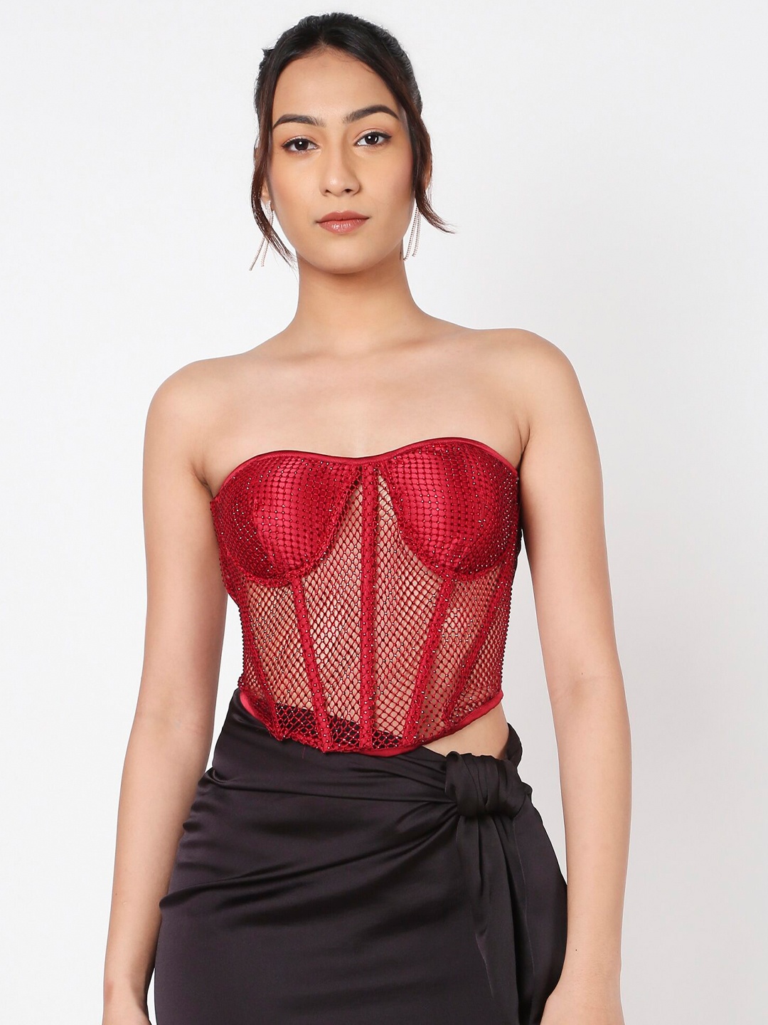 

LIYOKKI Satin Strapless Sheer Corset Crop Top, Red