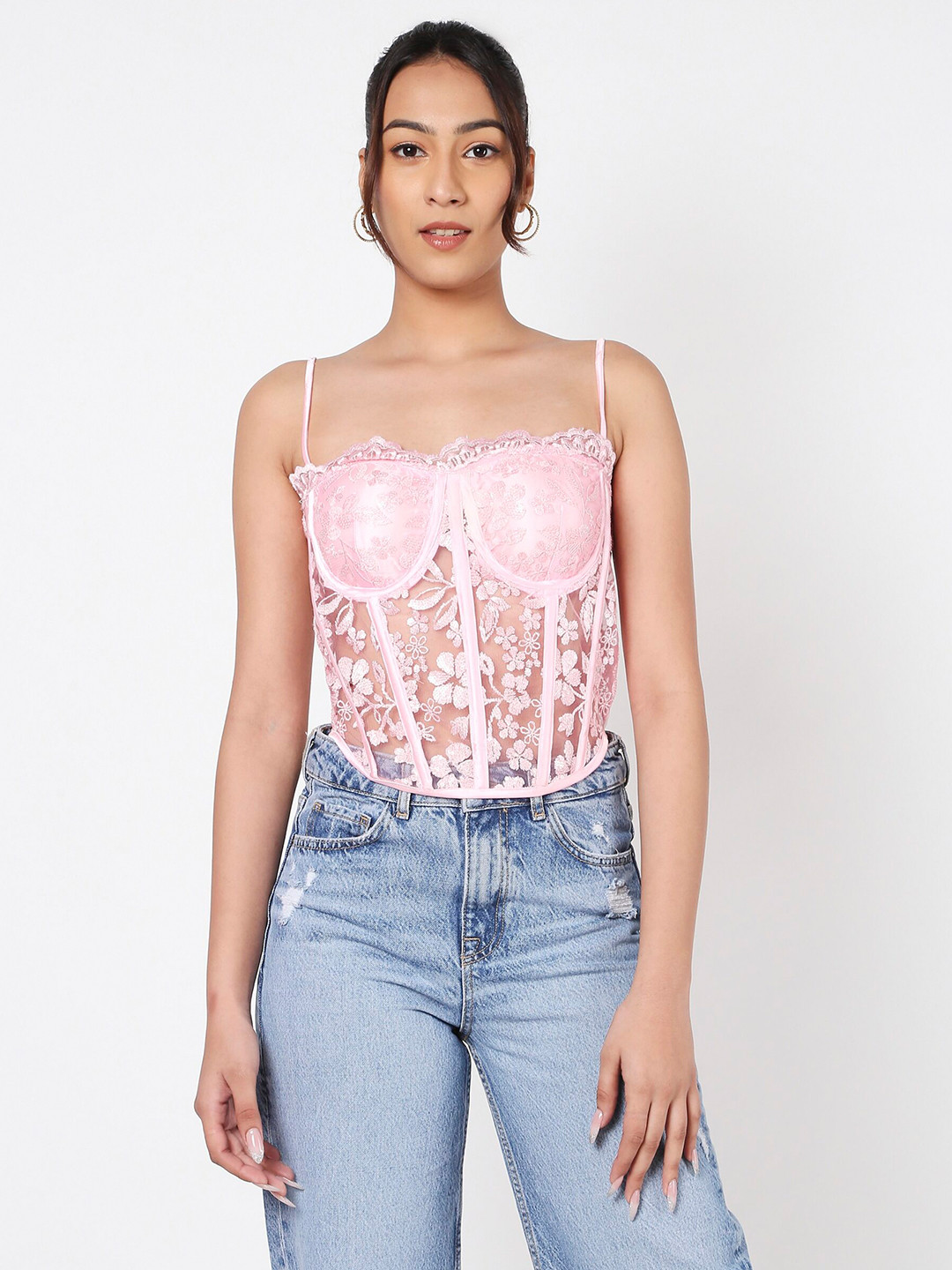 

LIYOKKI Lace Shoulder Straps Styled Back Top, Pink