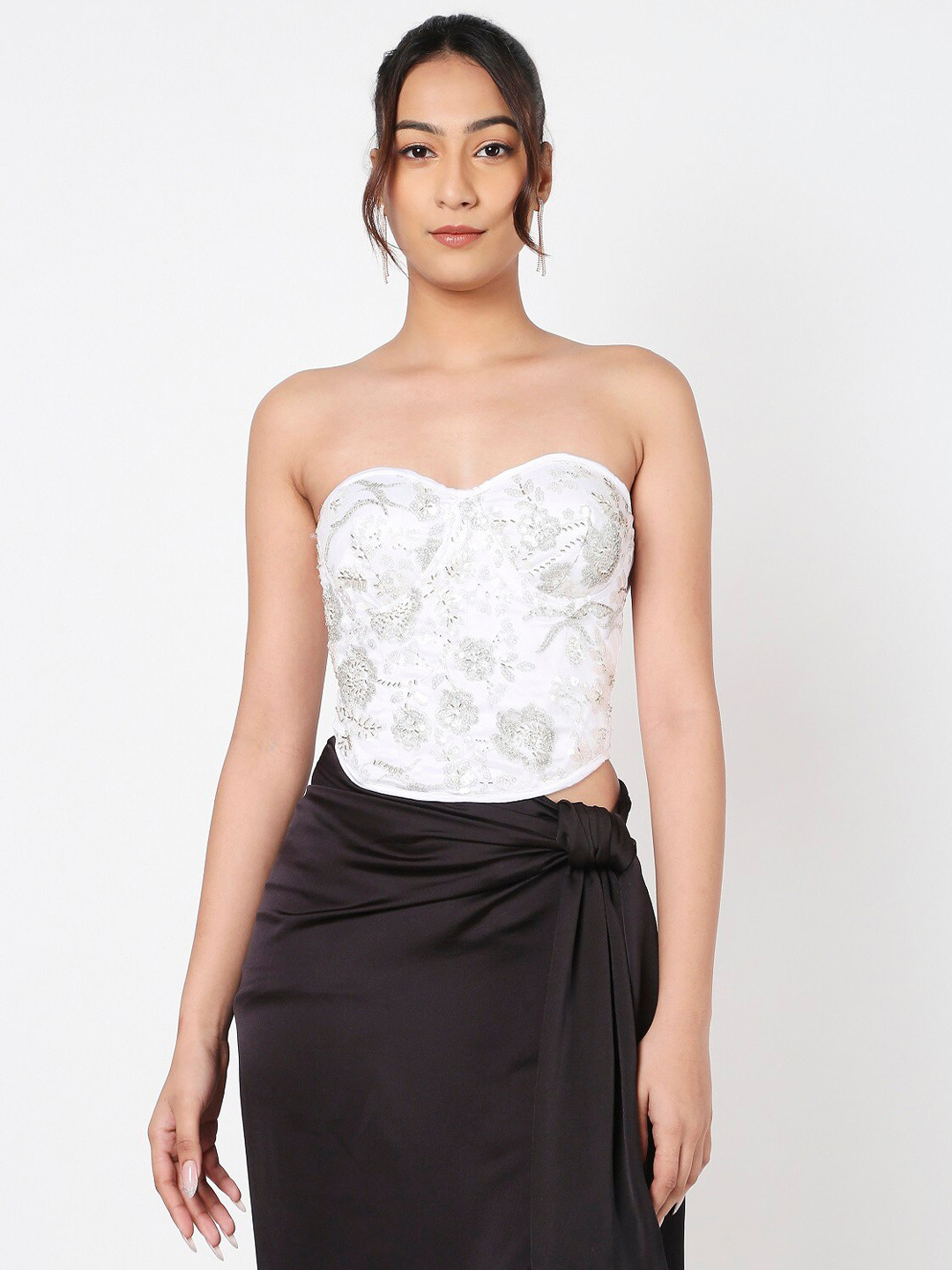 

LIYOKKI Embellished Satin Net Corset Crop Top, White