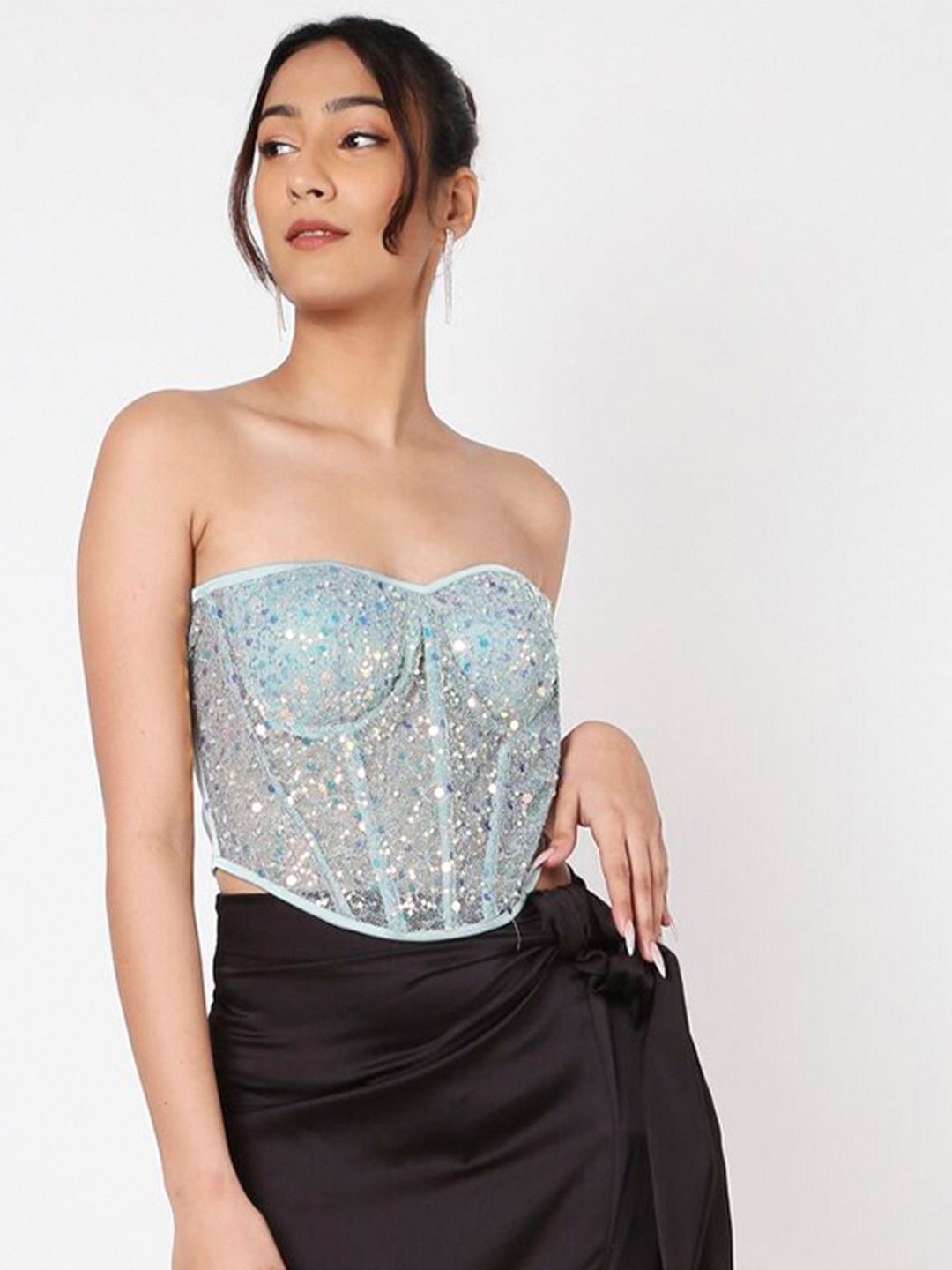 

LIYOKKI Embellished Strapless Corset Crop Top, Blue