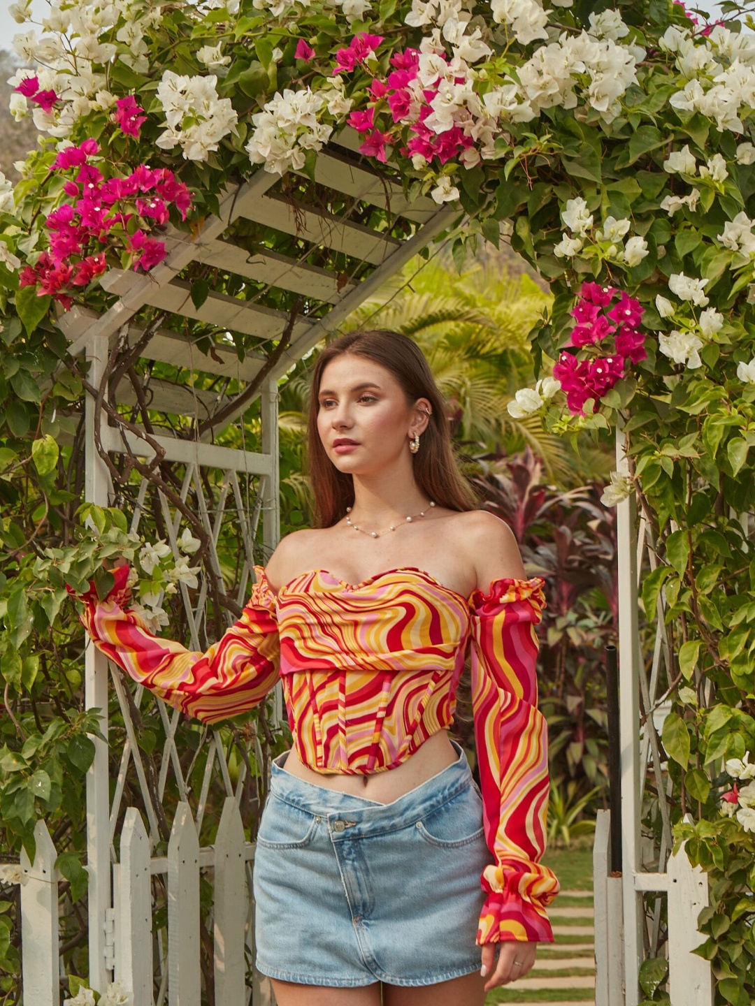 

LIYOKKI Abstract Printed Off-Shoulder Puff Sleeves Bardot Crop Top, Yellow