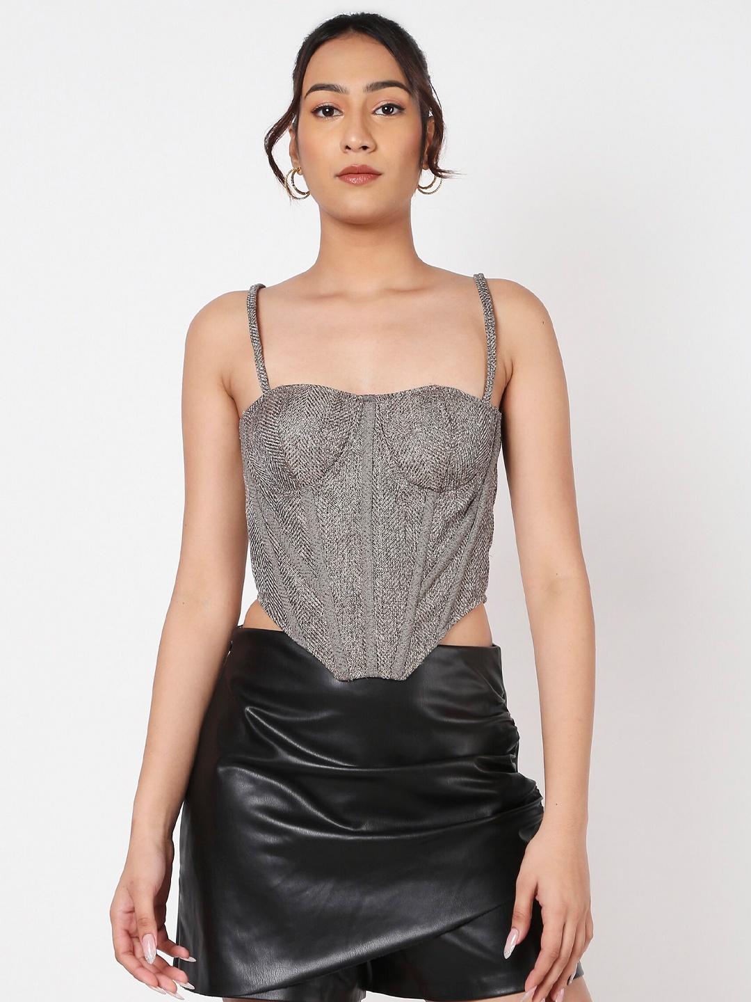 

LIYOKKI Self Design Shoulder Straps Jute Styled Back Top, Grey