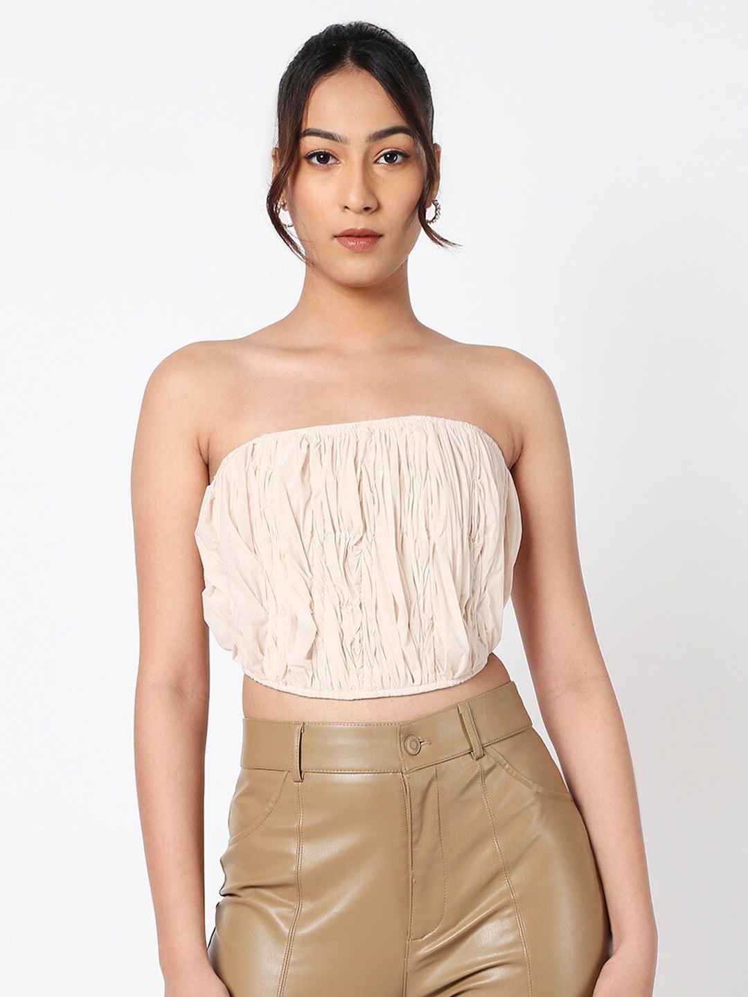 

LIYOKKI Strapless Tube Crop Top, Cream