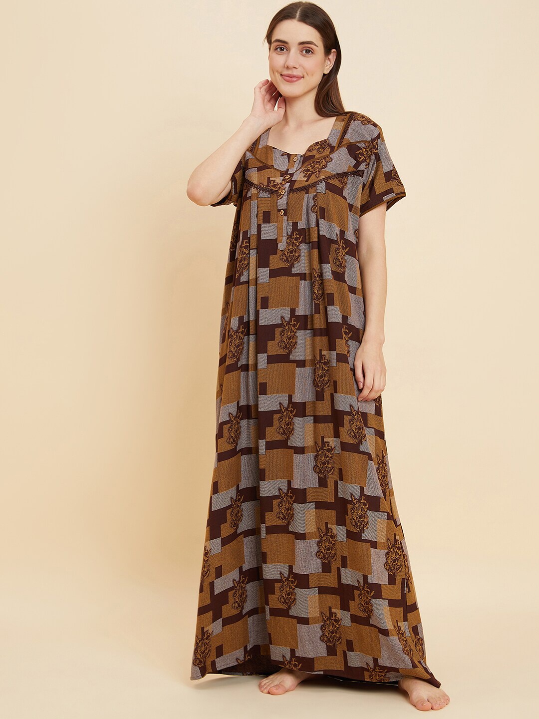 

Sweet Dreams Khaki And Grey Geometric Printed Pure Cotton Maxi Nightdress