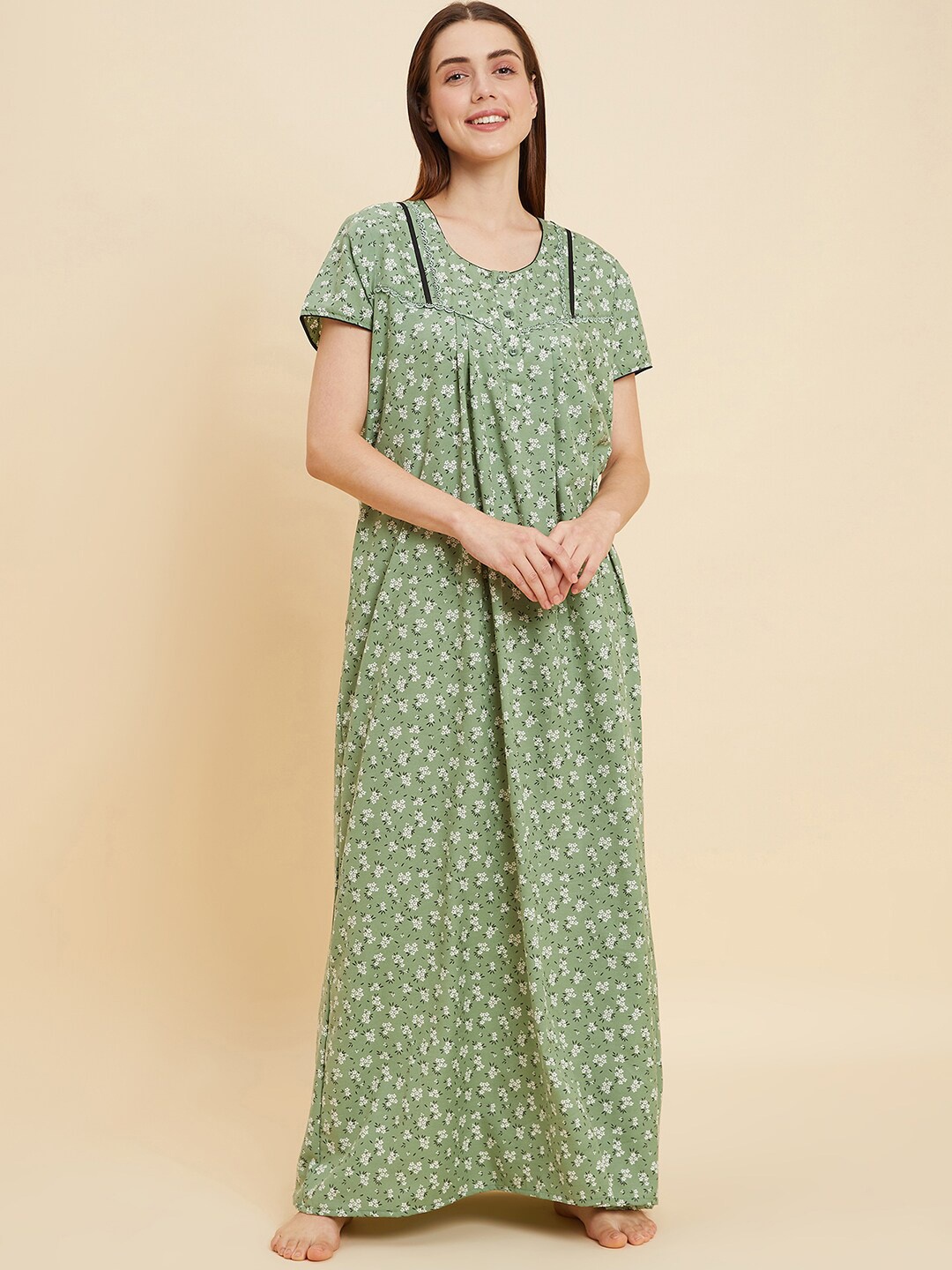 

Sweet Dreams Green & White Floral Printed Maxi Nightdress