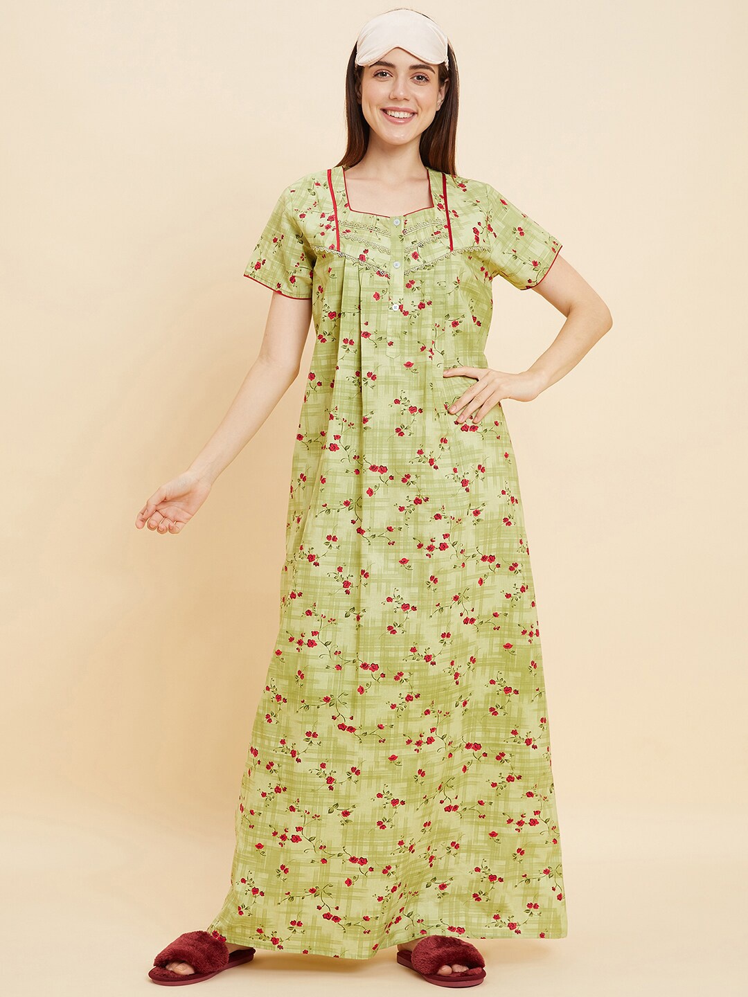 

Sweet Dreams Green Floral Printed Pure Cotton Maxi Nightdress