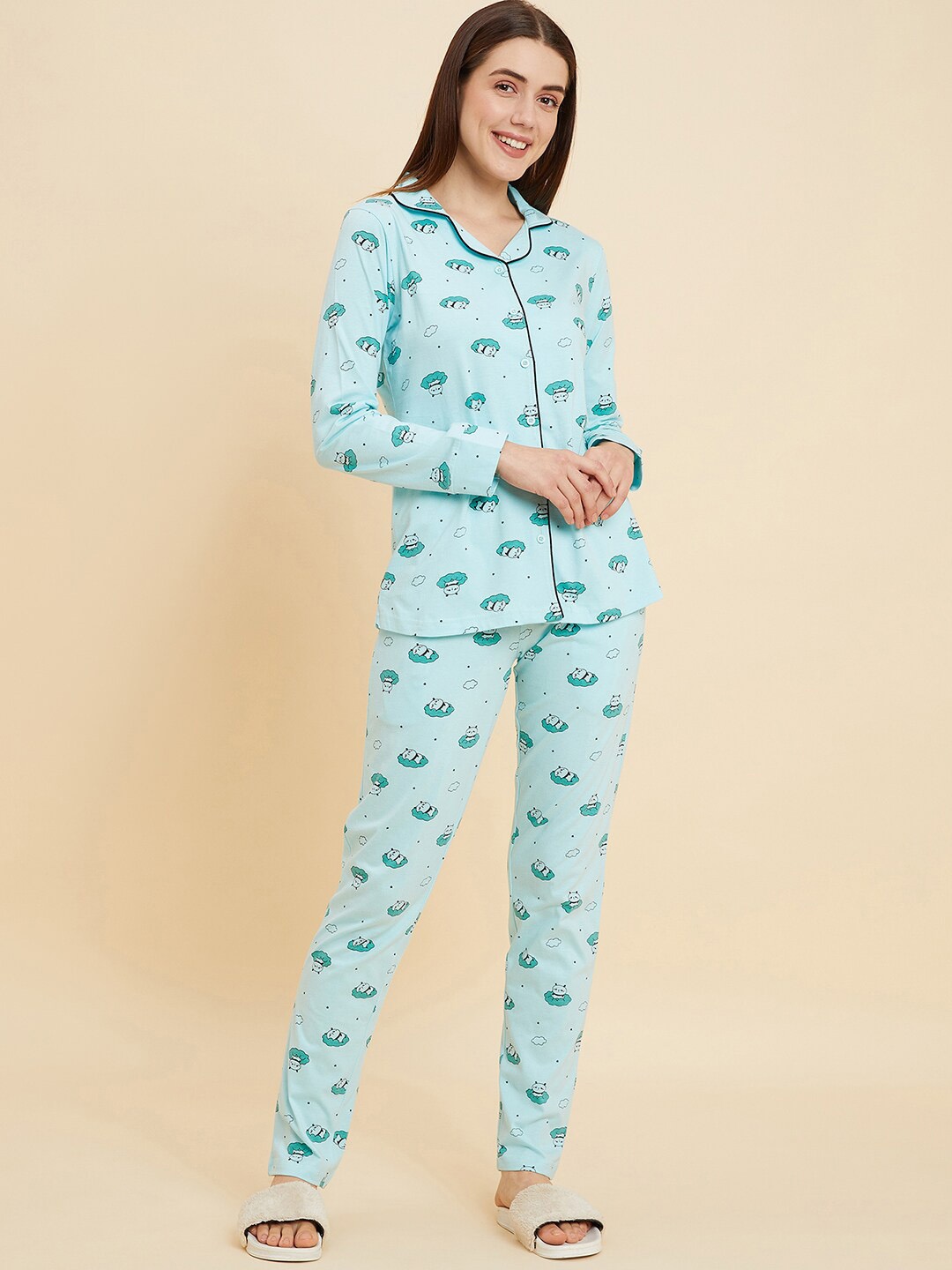

Sweet Dreams Green & White Conversational Printed Pure Cotton Night suit