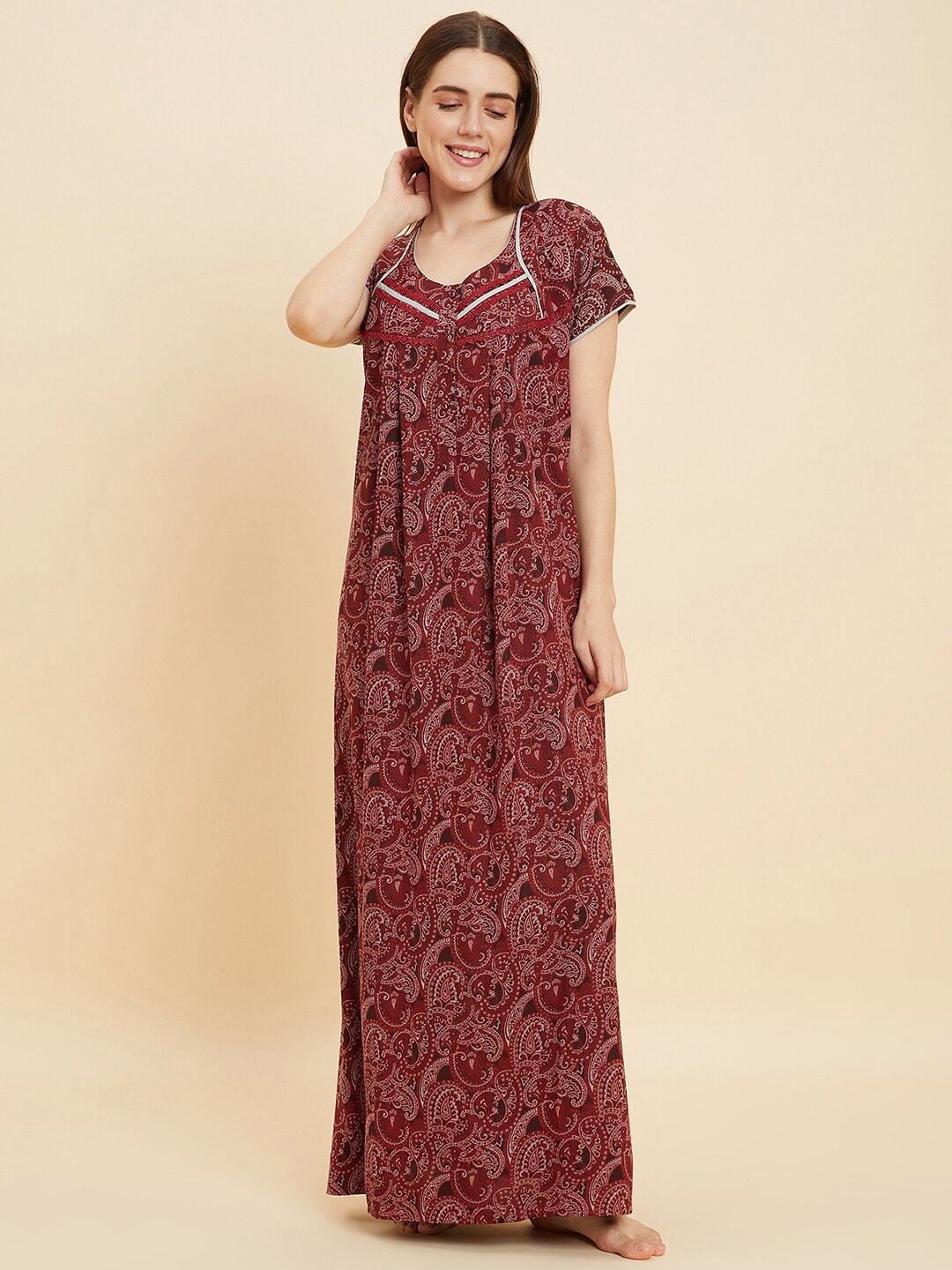 

Sweet Dreams Red Ethnic Motifs Printed Pure Cotton Maxi Nightdress
